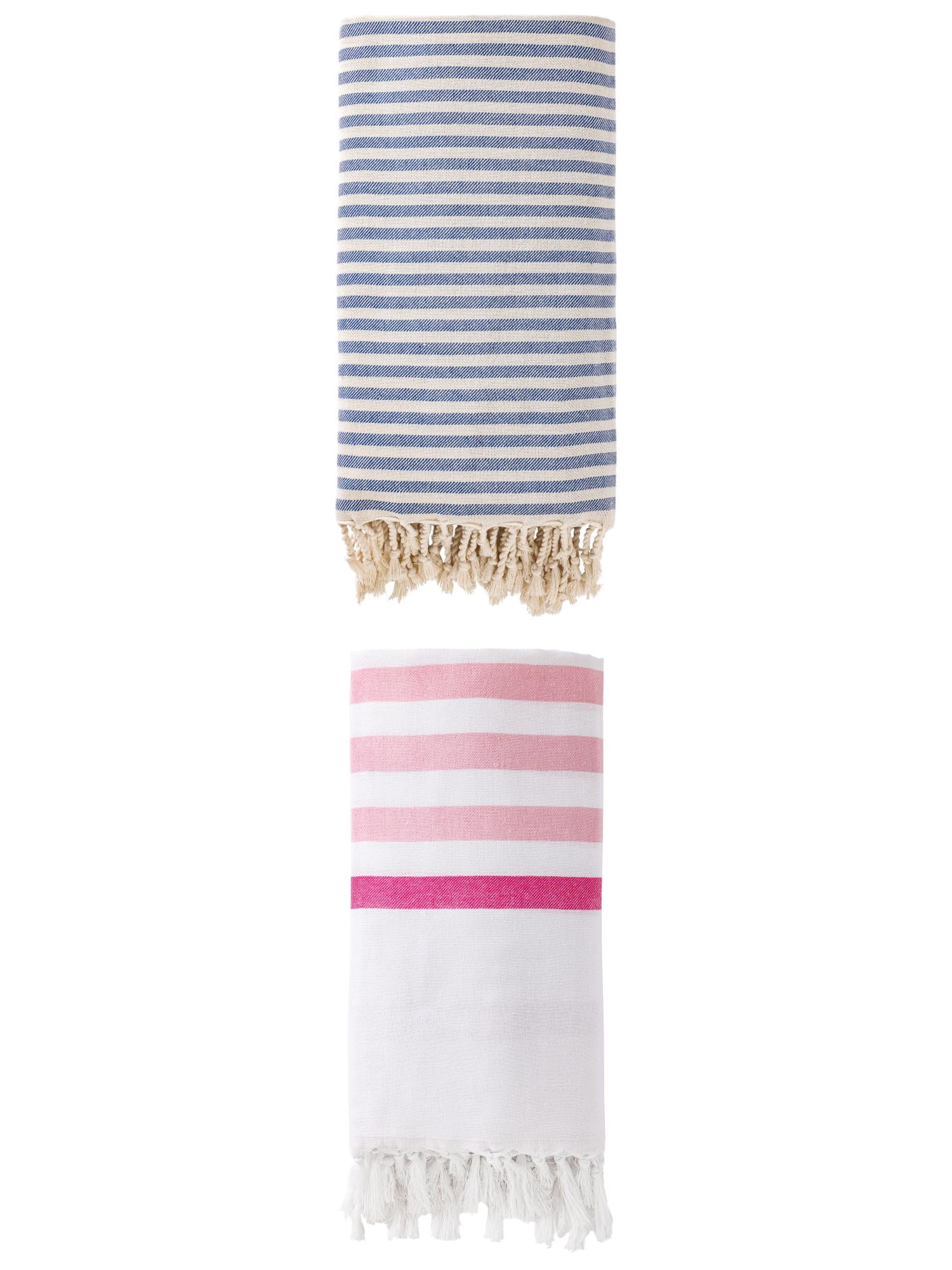 Unique Bargains 2 Pack Turkish Striped Beach Towel with Tassel Trim Pink/Blue 71" x 40"