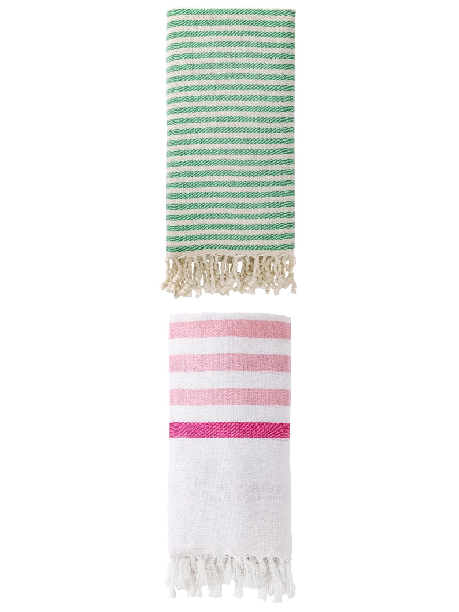 Unique Bargains 2 Pack Turkish Striped Beach Towel with Tassel Trim Pink/Green 71" x 40"
