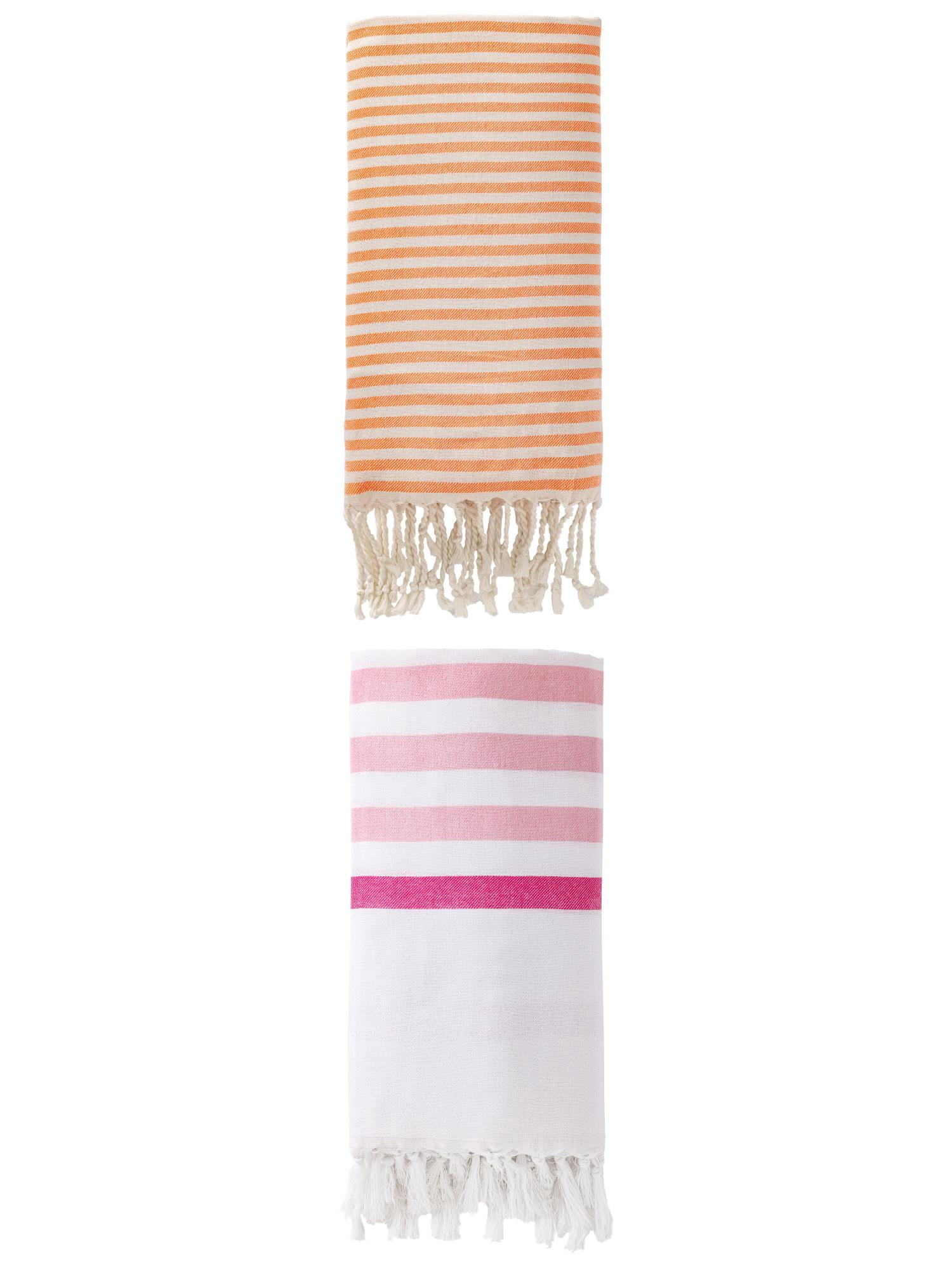 Unique Bargains 2 Pack Turkish Striped Beach Towel with Tassel Trim Pink/Orange 71" x 40"