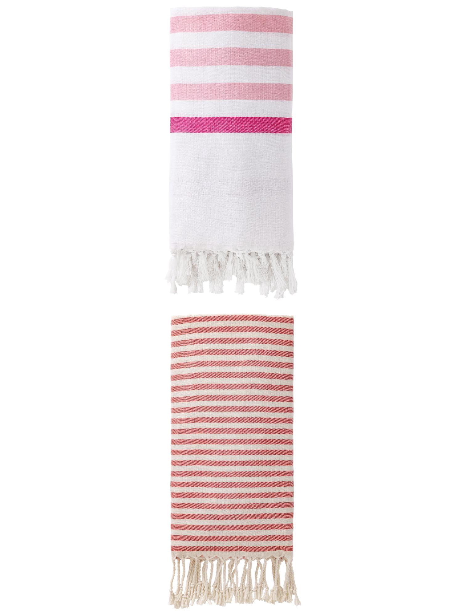 Unique Bargains 2 Pack Turkish Striped Beach Towel with Tassel Trim Pink/Red 71" x 40"