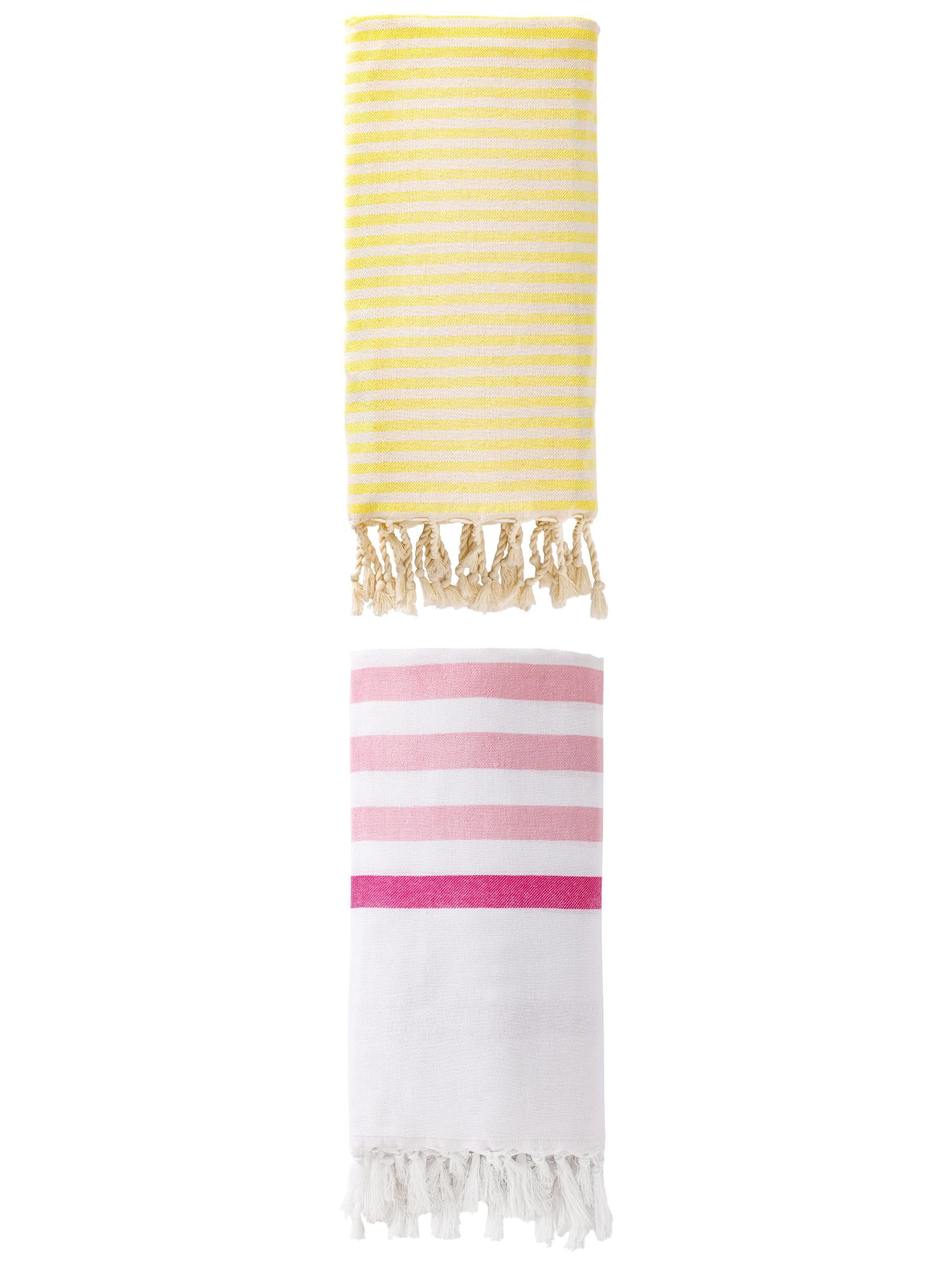 Unique Bargains 2 Pack Turkish Striped Beach Towel with Tassel Trim Pink/Yellow 71" x 40"