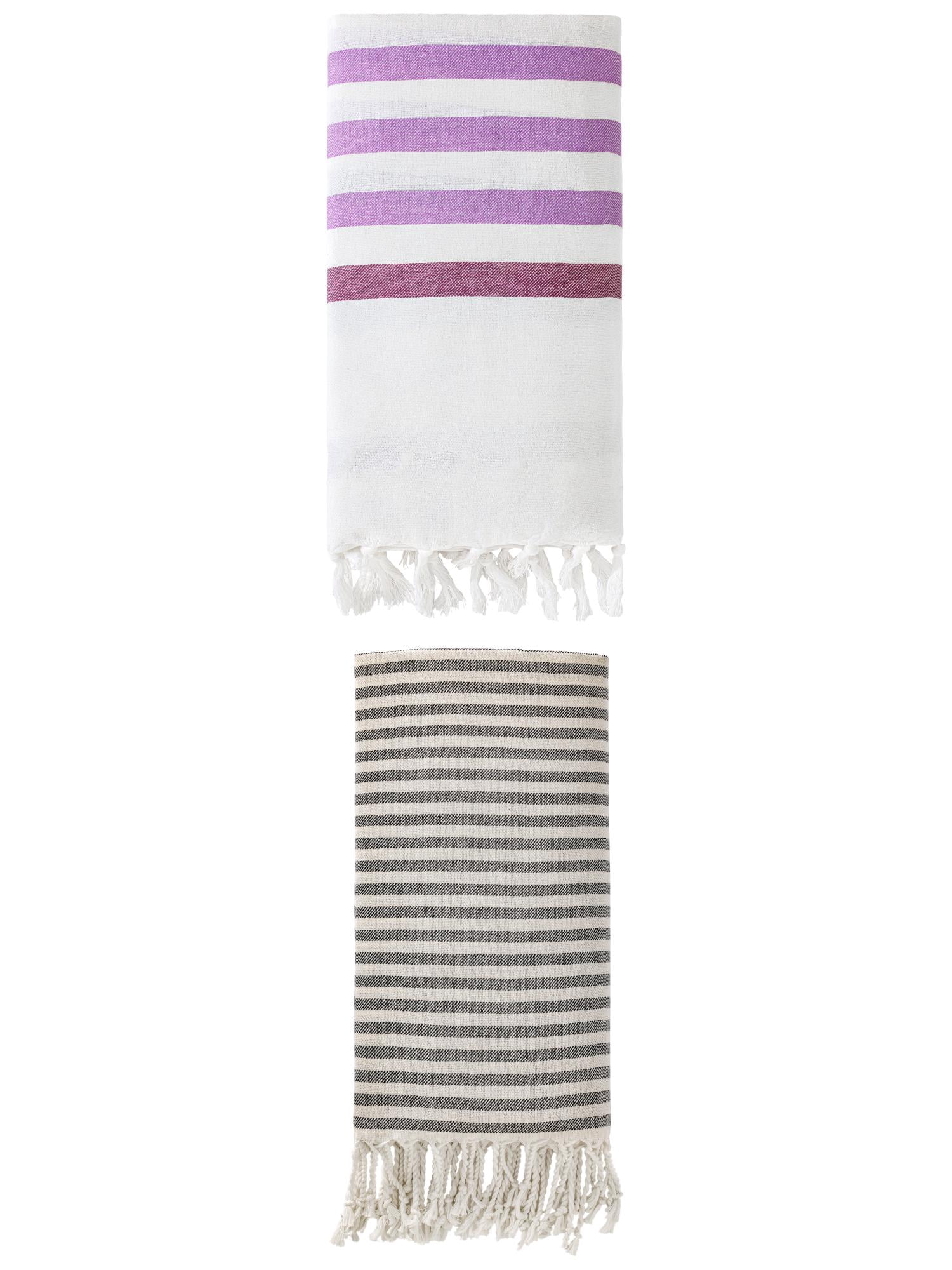 Unique Bargains 2 Pack Turkish Striped Beach Towel with Tassel Trim Purple/Black 71" x 40"