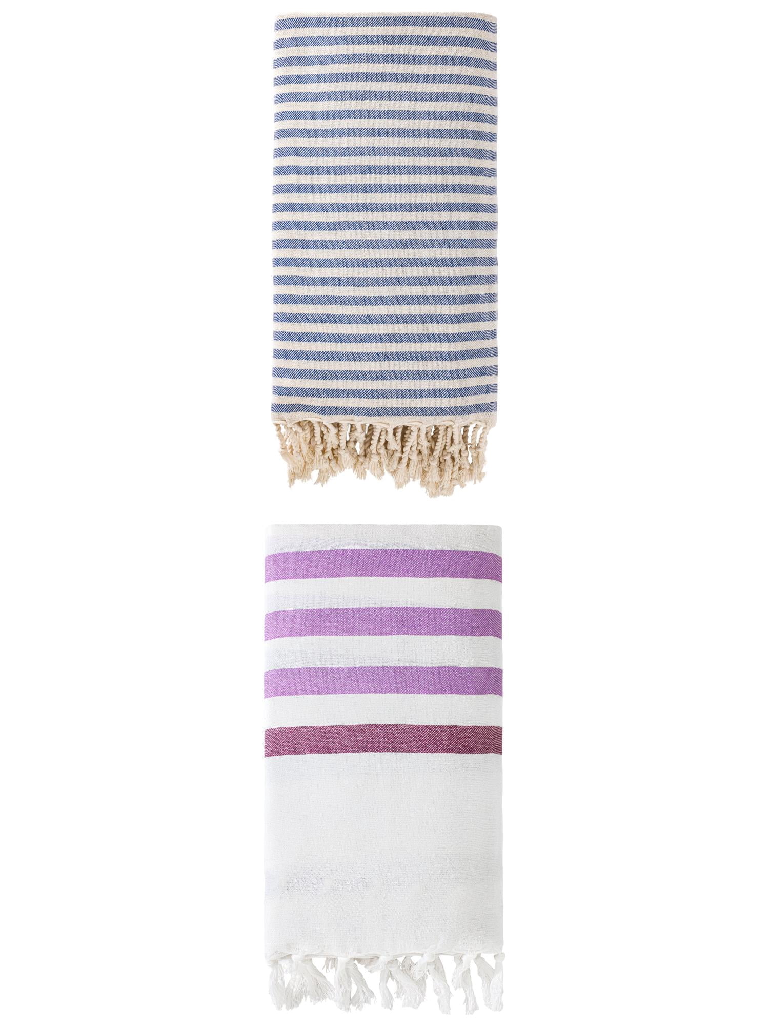 Unique Bargains 2 Pack Turkish Striped Beach Towel with Tassel Trim Purple/Blue 71" x 40"