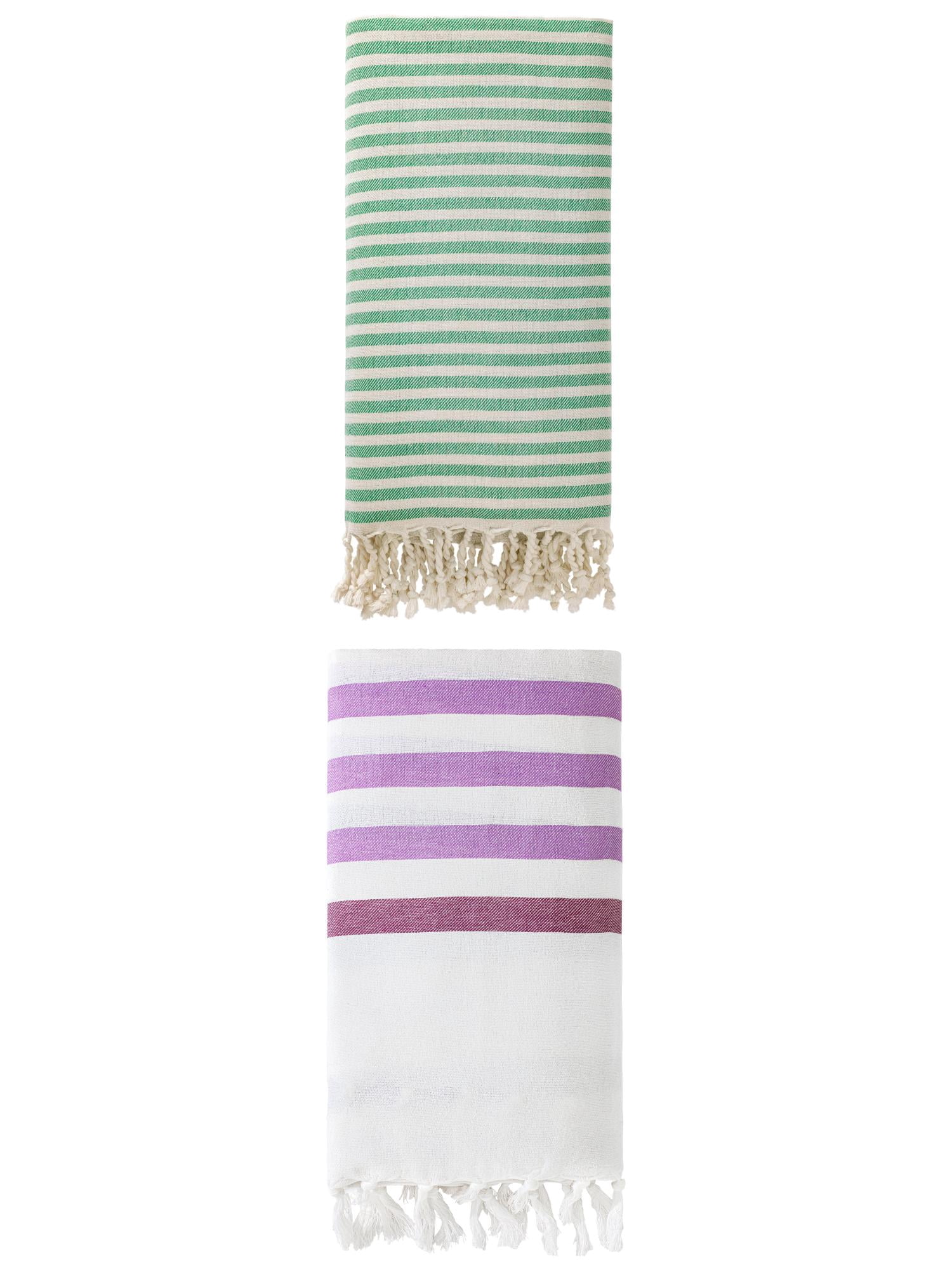 Unique Bargains 2 Pack Turkish Striped Beach Towel with Tassel Trim Purple/Green 71" x 40"