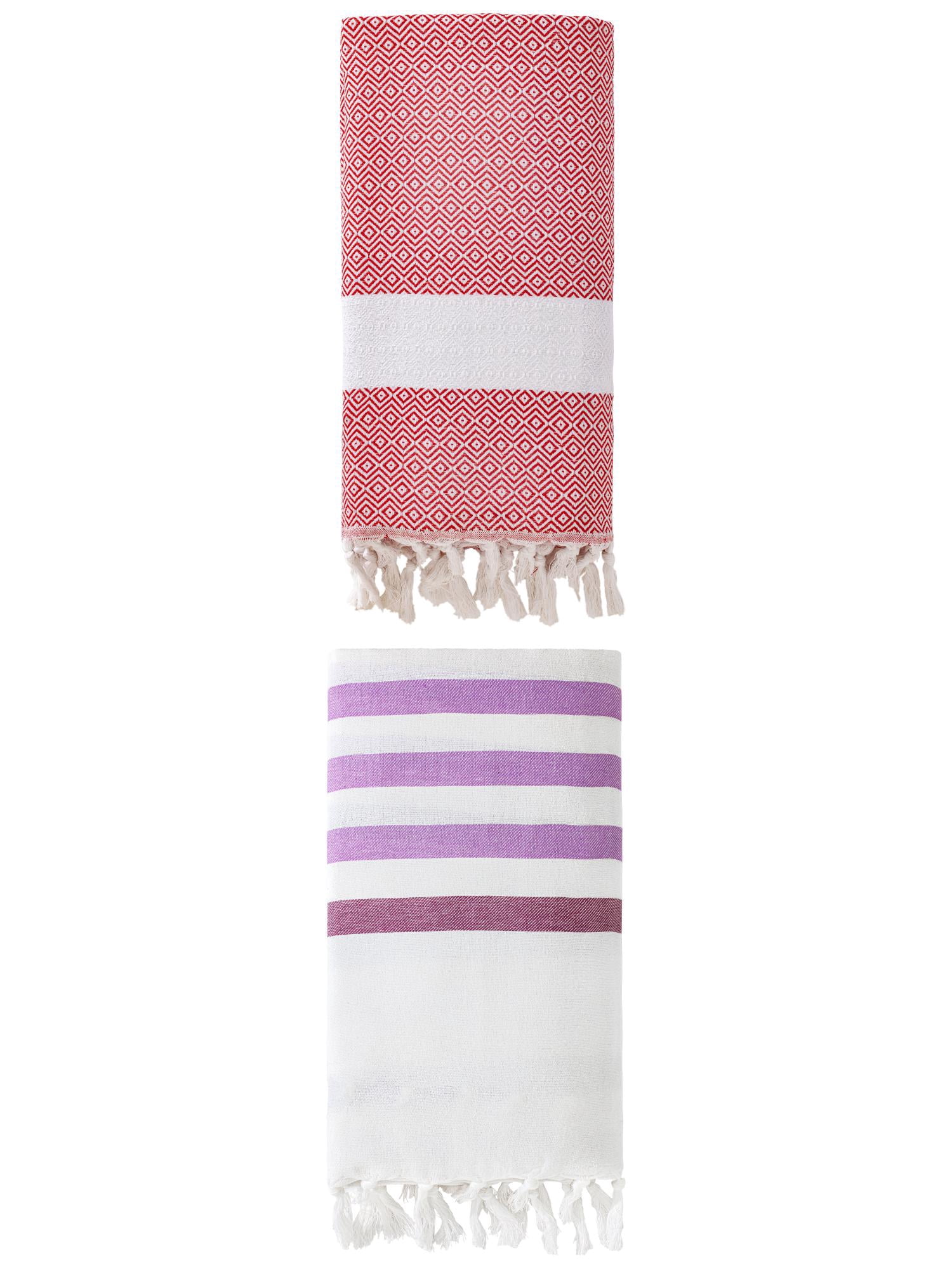 Unique Bargains 2 Pack Turkish Striped Fringe-Hem Beach Towel Purple/Crimson 71"x40"