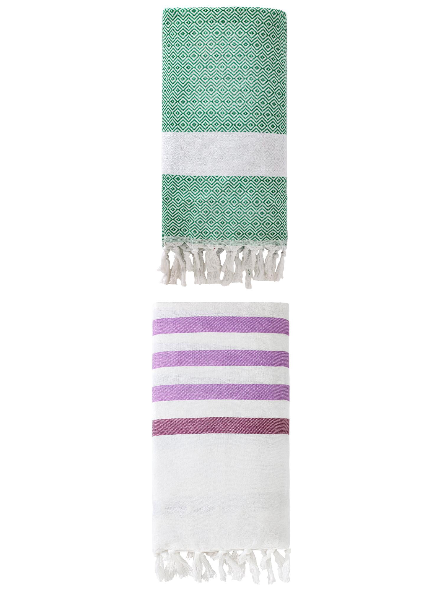 Unique Bargains 2 Pack Turkish Striped Fringe-Hem Beach Towel Purple/Dark Green 71"x40"