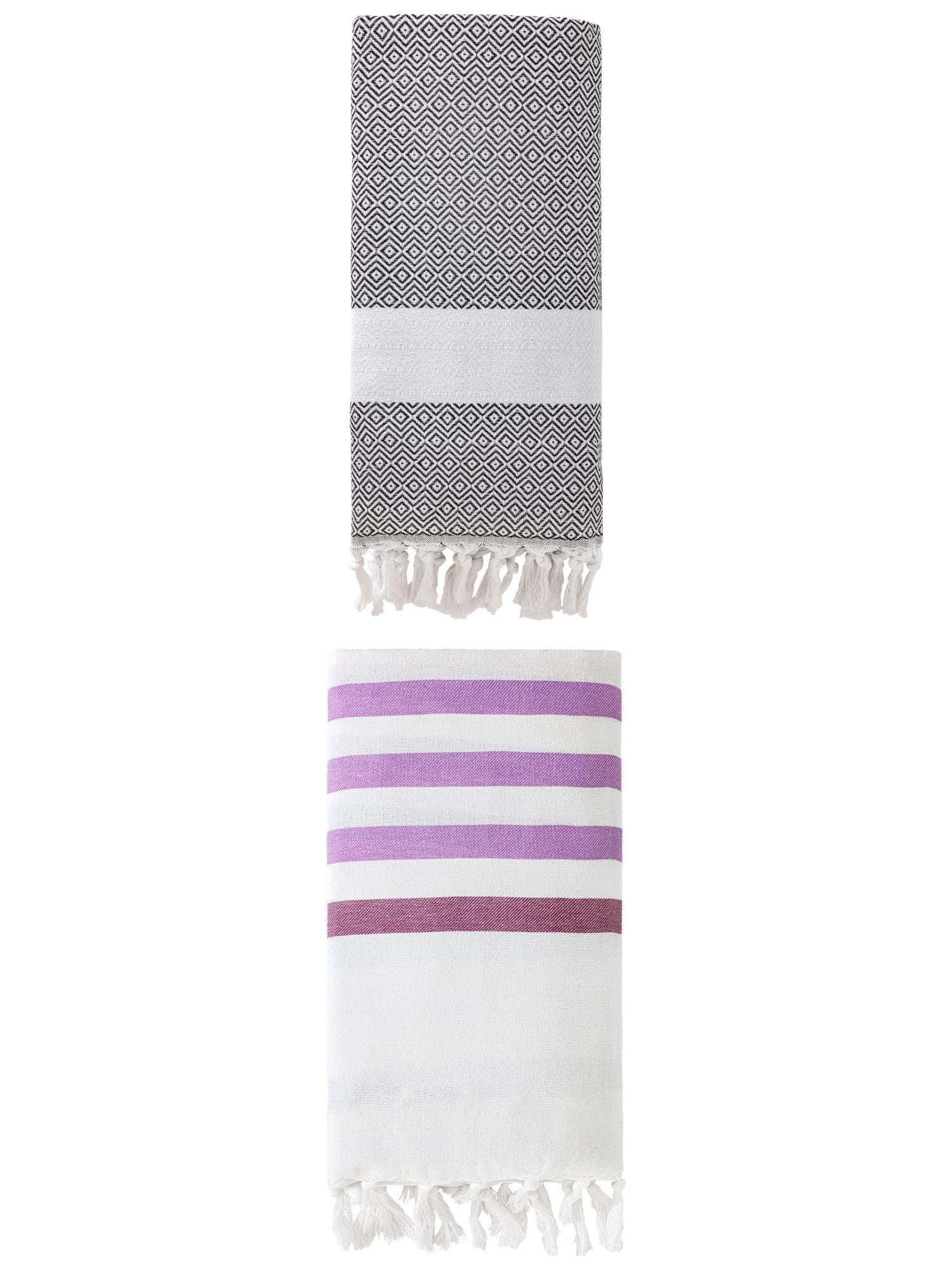 Unique Bargains 2 Pack Turkish Striped Fringe-Hem Beach Towel Purple/Dark Grey 71"x40"