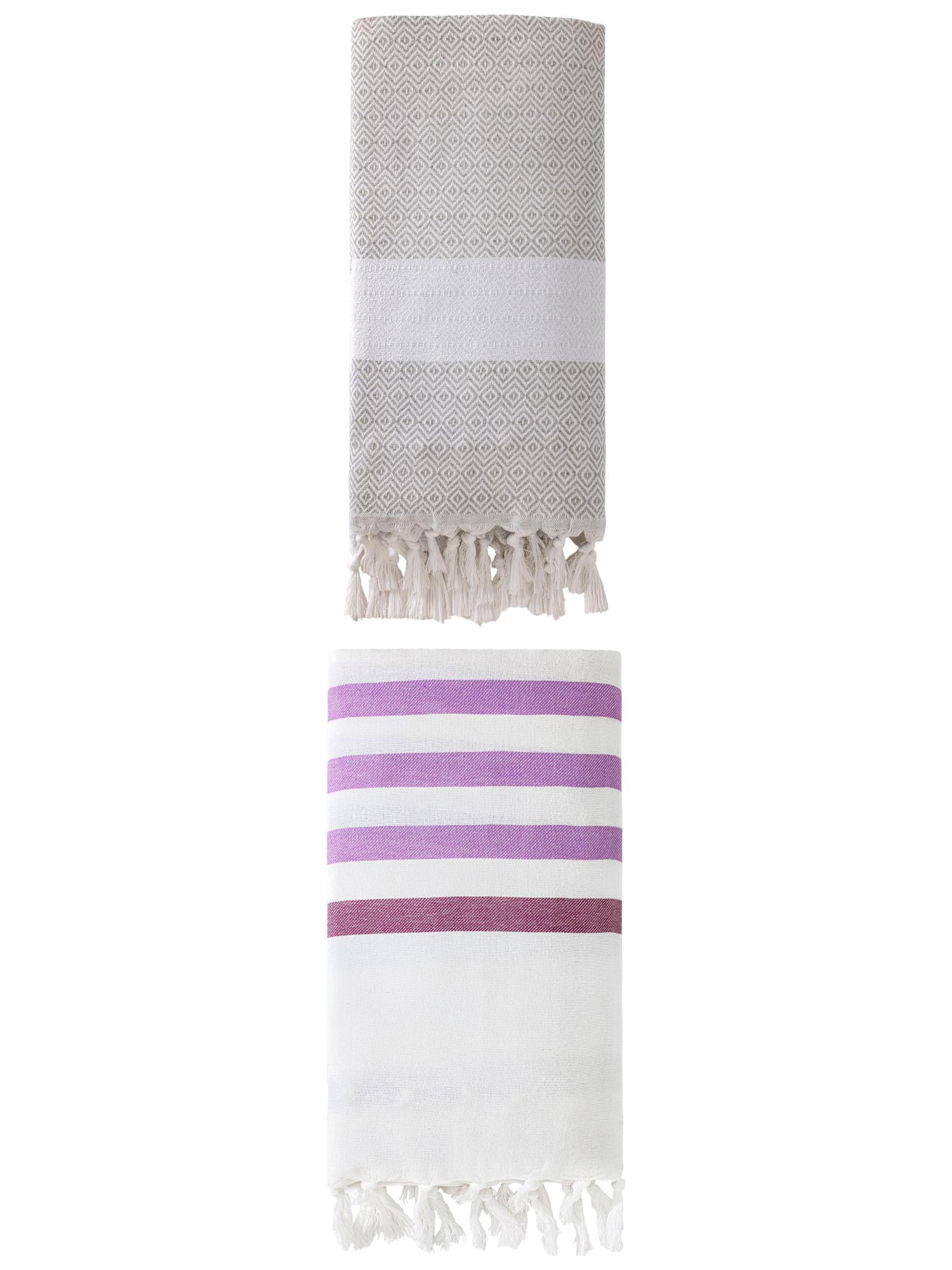 Unique Bargains 2 Pack Turkish Striped Fringe-Hem Beach Towel Purple/Grey 71"x40"