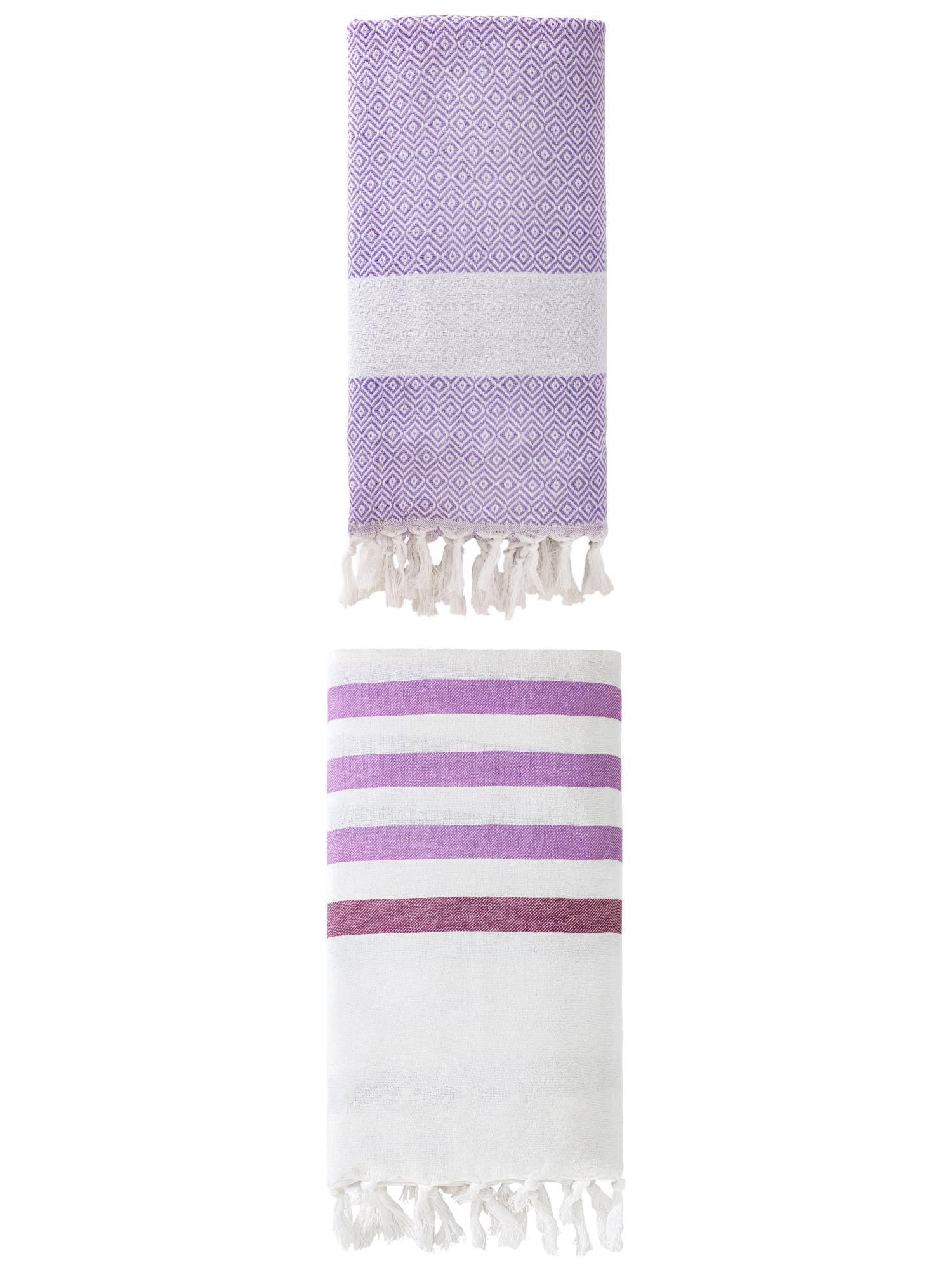 Unique Bargains 2 Pack Turkish Striped Fringe-Hem Beach Towel Purple/Light Purple 71"x40"