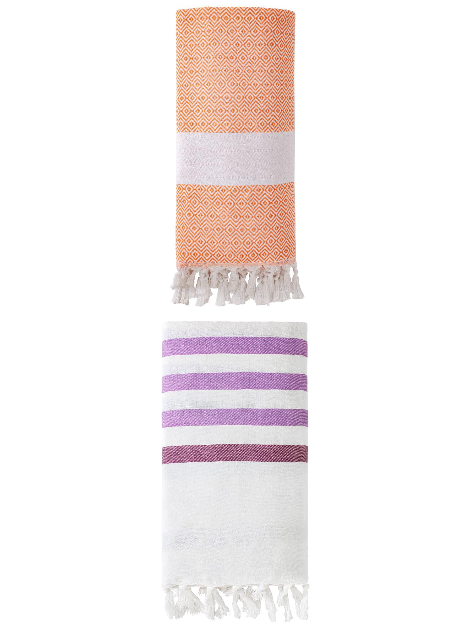 Unique Bargains 2 Pack Turkish Striped Fringe-Hem Beach Towel Purple/Orange 71"x40"