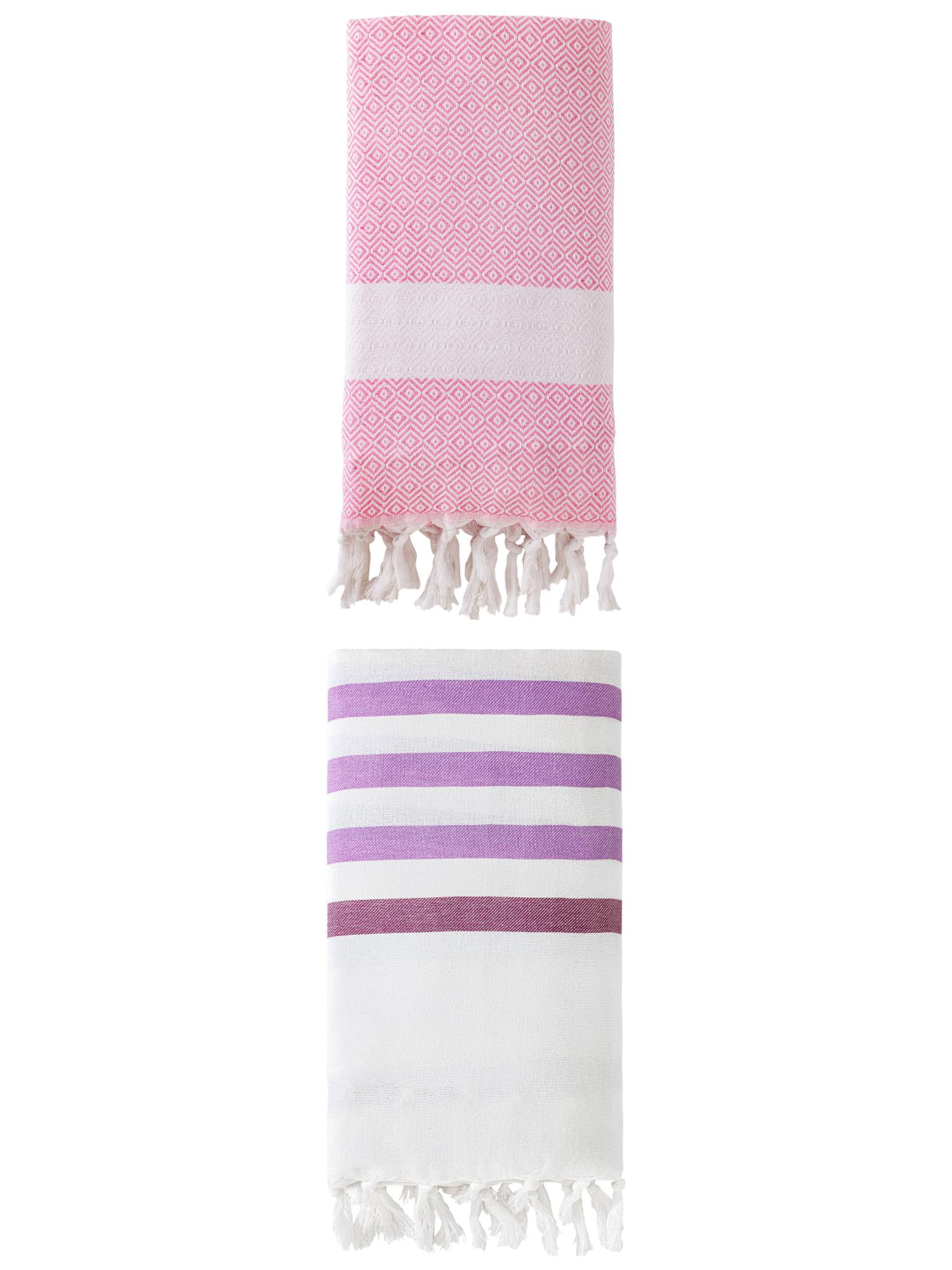 Unique Bargains 2 Pack Turkish Striped Fringe-Hem Beach Towel Purple/Pink 71"x40"