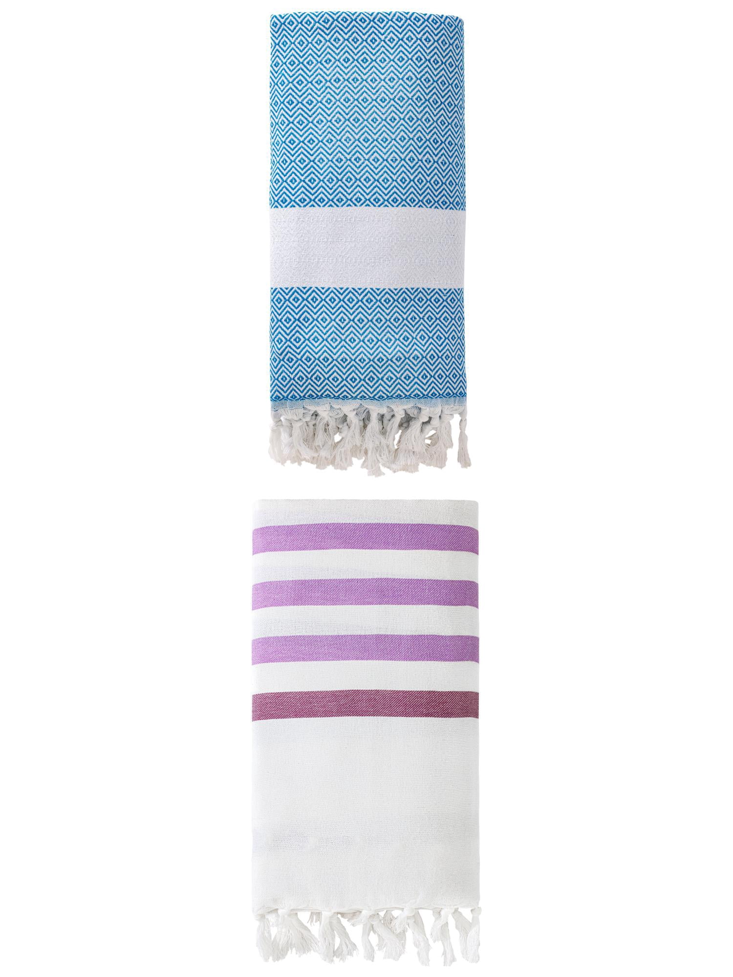 Unique Bargains 2 Pack Turkish Striped Fringe-Hem Beach Towel Purple/Sky Blue 71"x40"