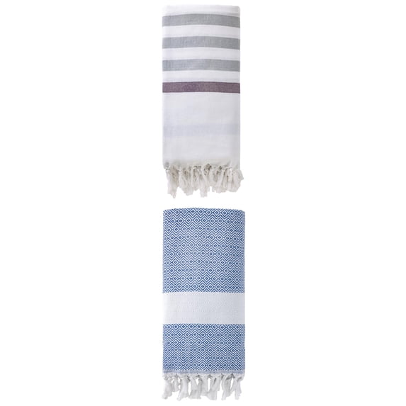 Unique Bargains 2 Pack Turkish Striped Tassel Trim Beach Towels Blue 71"x40"