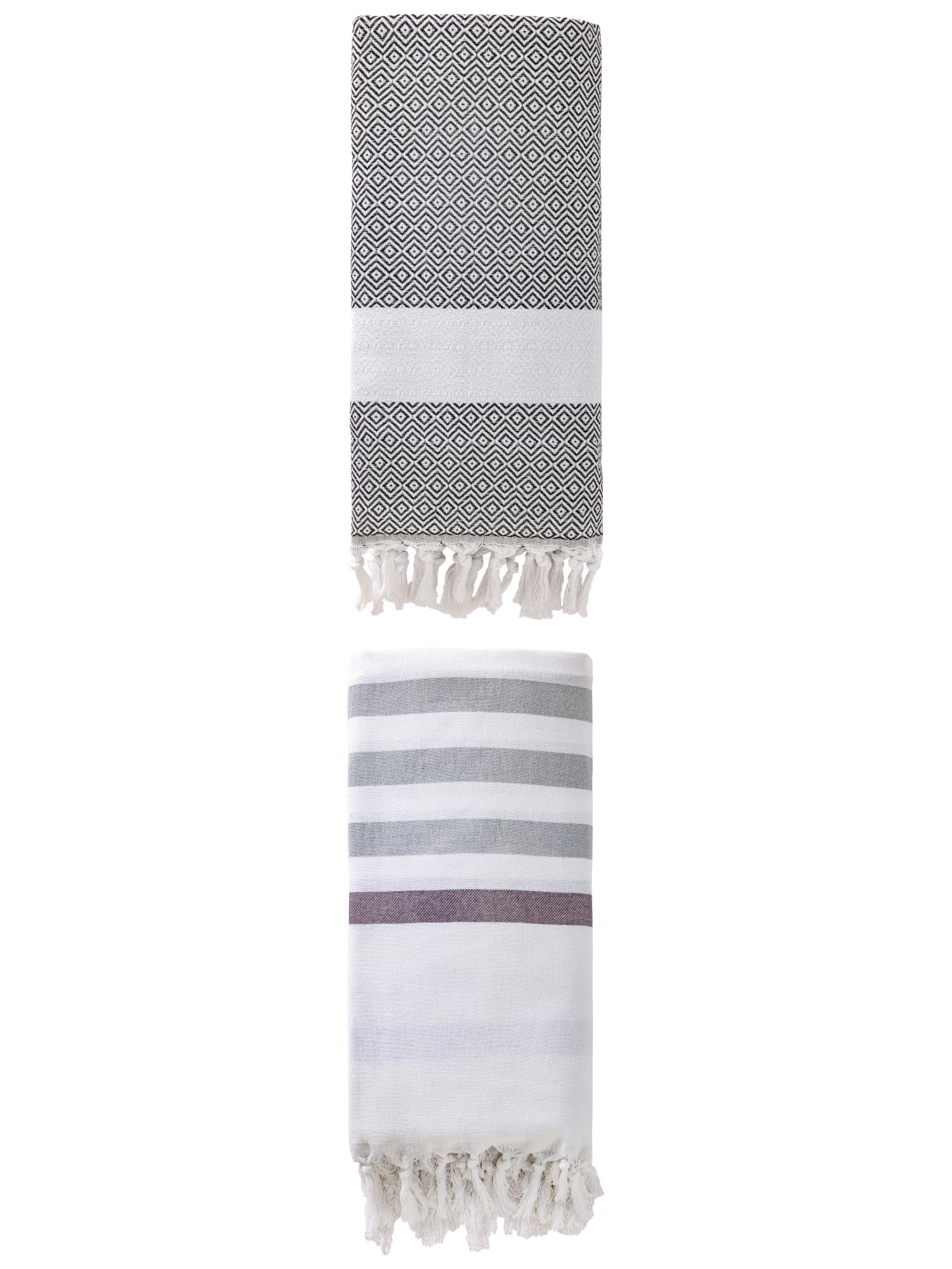 Unique Bargains 2 Pack Turkish Striped Tassel Trim Beach Towels Blue/Dark Grey 71"x40"