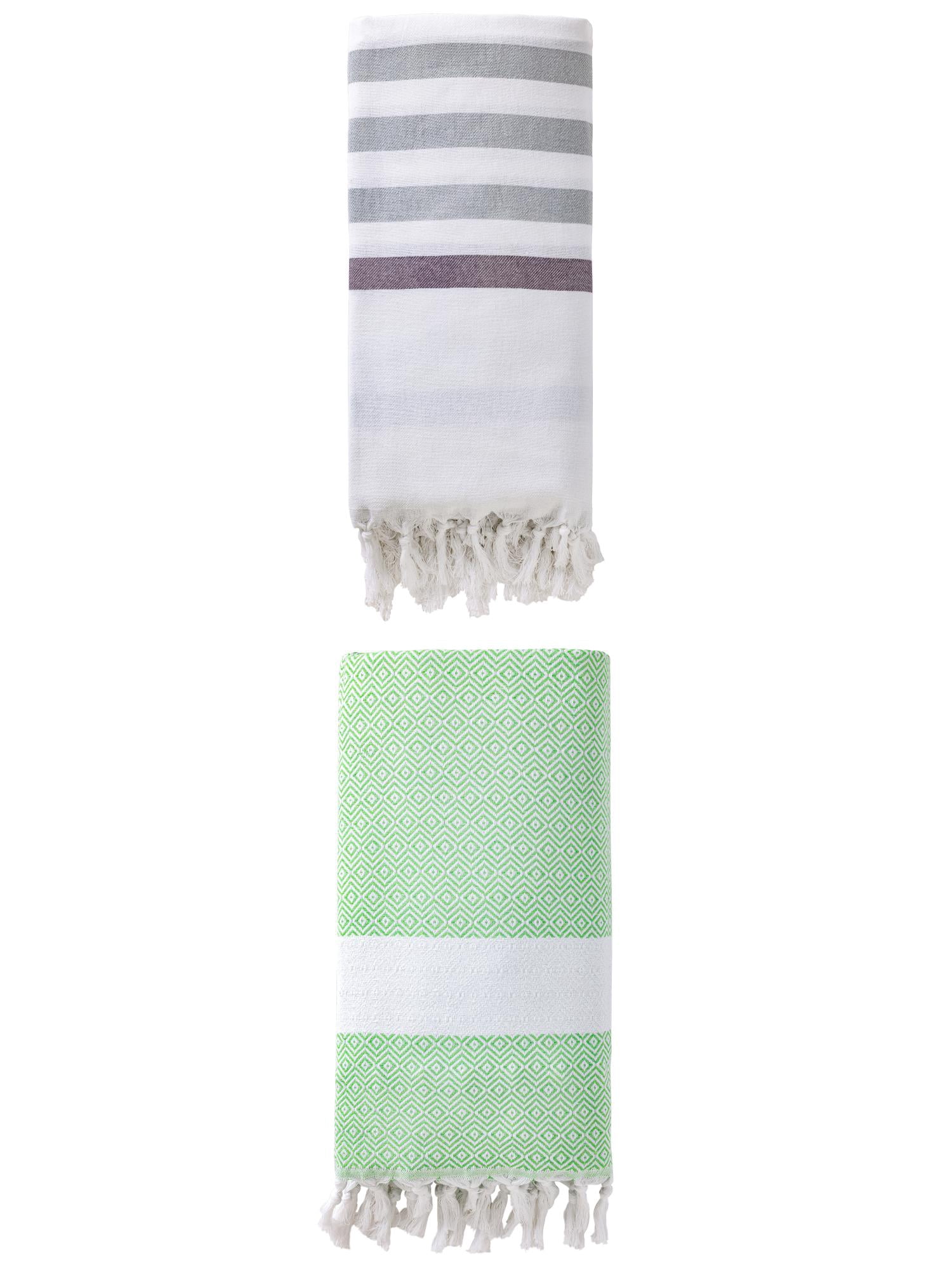 Unique Bargains 2 Pack Turkish Striped Tassel Trim Beach Towels Blue/Green 71"x40"