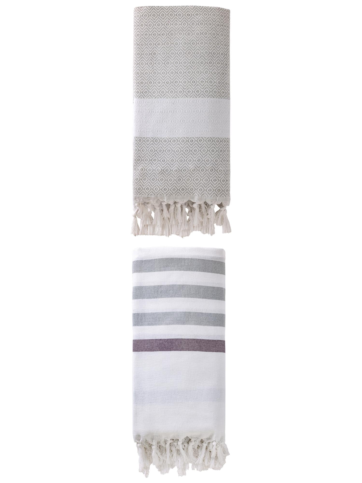 Unique Bargains 2 Pack Turkish Striped Tassel Trim Beach Towels Blue/Grey 71"x40"