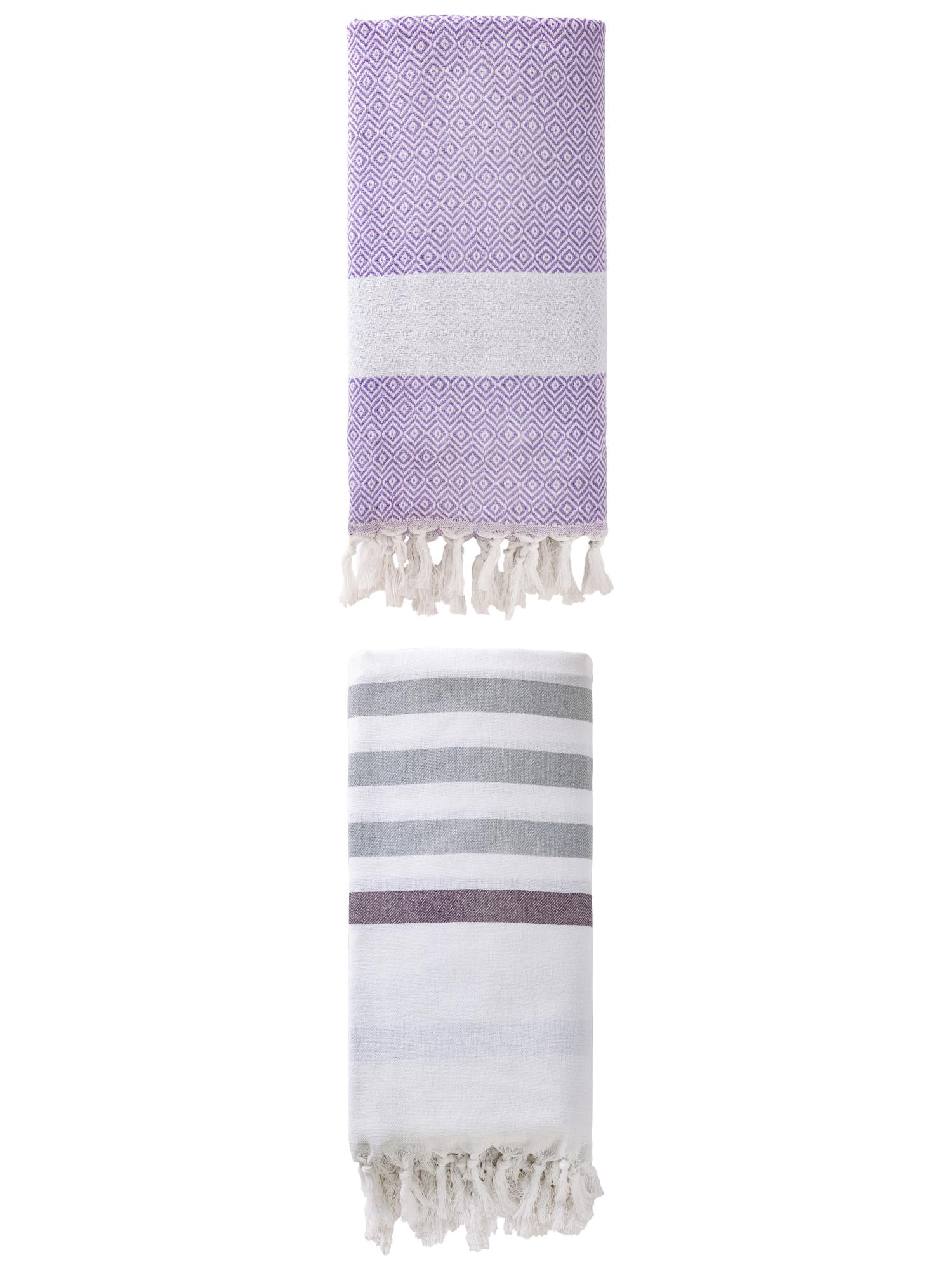 Unique Bargains 2 Pack Turkish Striped Tassel Trim Beach Towels Blue/Light Purple 71"x40"