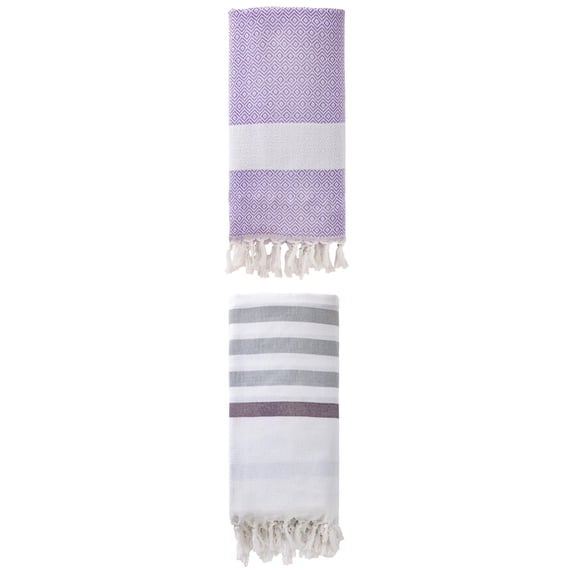 Unique Bargains 2 Pack Turkish Striped Tassel Trim Beach Towels Blue/Light Purple 71"x40"