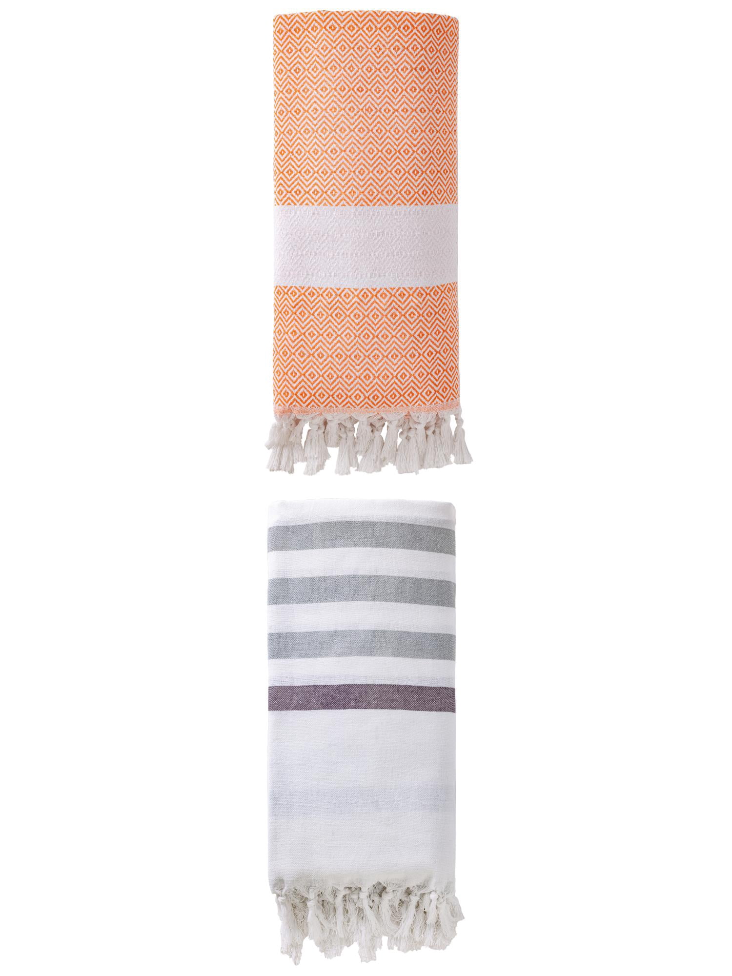 Unique Bargains 2 Pack Turkish Striped Tassel Trim Beach Towels Blue/Orange 71"x40"