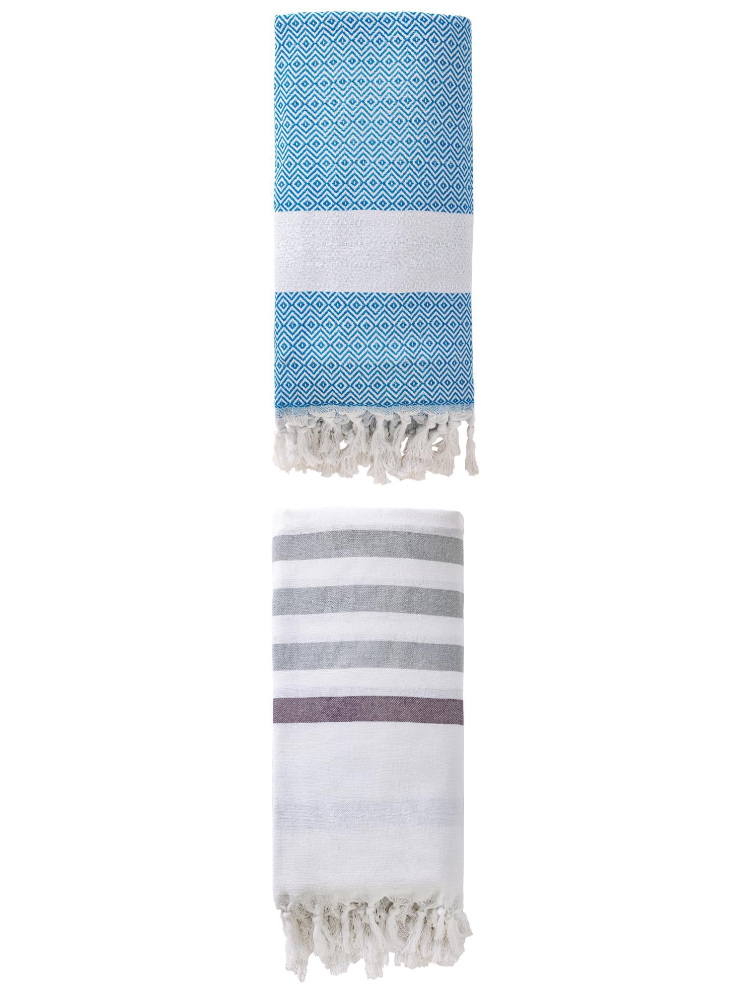 Unique Bargains 2 Pack Turkish Striped Tassel Trim Beach Towels Blue/Sky Blue 71"x40"