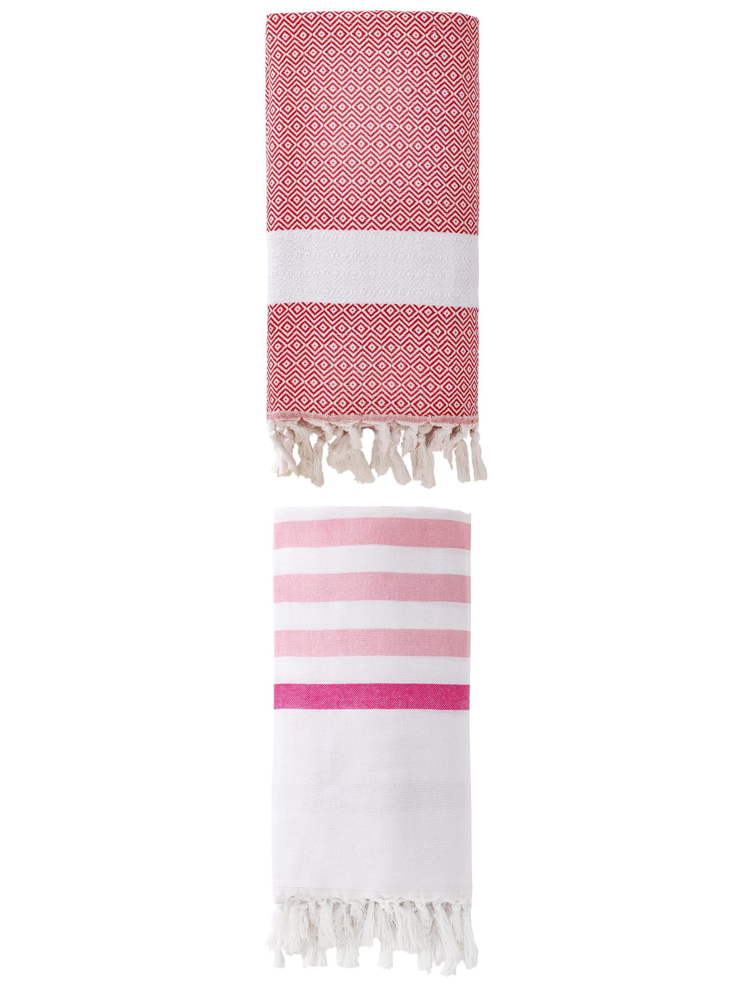 Unique Bargains 2 Pack Turkish Striped Tassel Trim Beach Towels Pink/Crimson 71"x40"