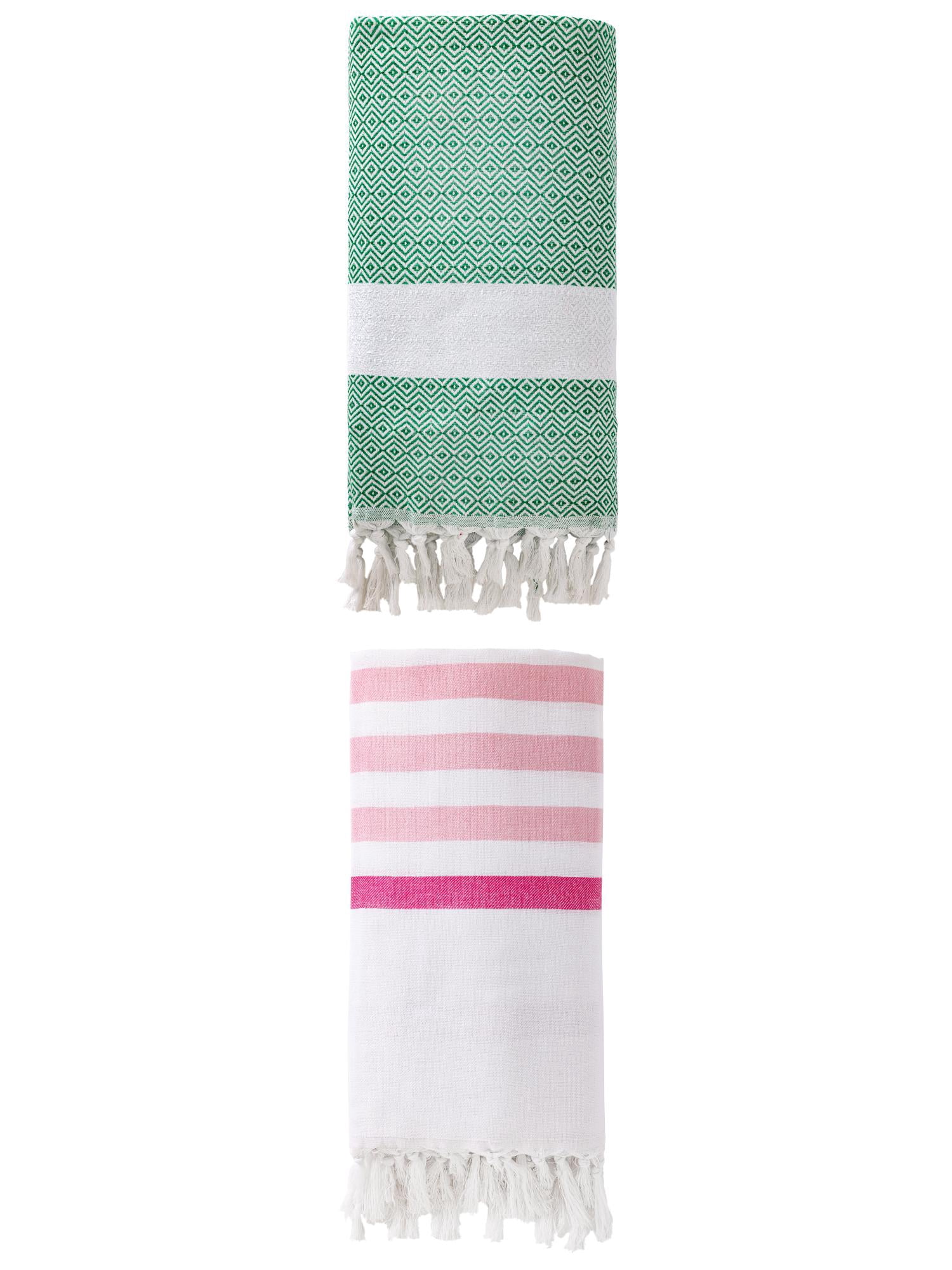 Unique Bargains 2 Pack Turkish Striped Tassel Trim Beach Towels Pink/Dark Green 71"x40"