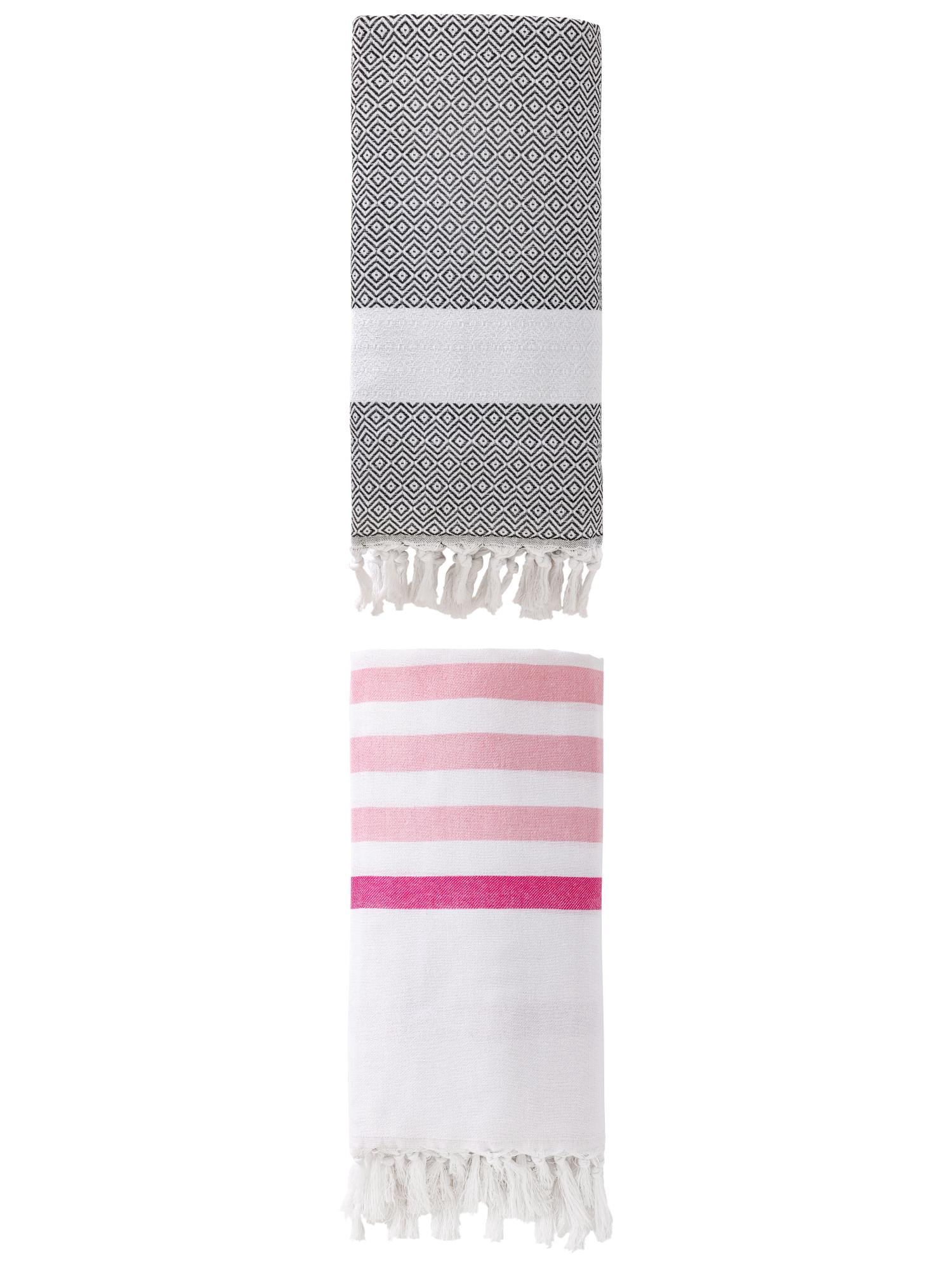 Unique Bargains 2 Pack Turkish Striped Tassel Trim Beach Towels Pink/Dark Grey 71"x40"