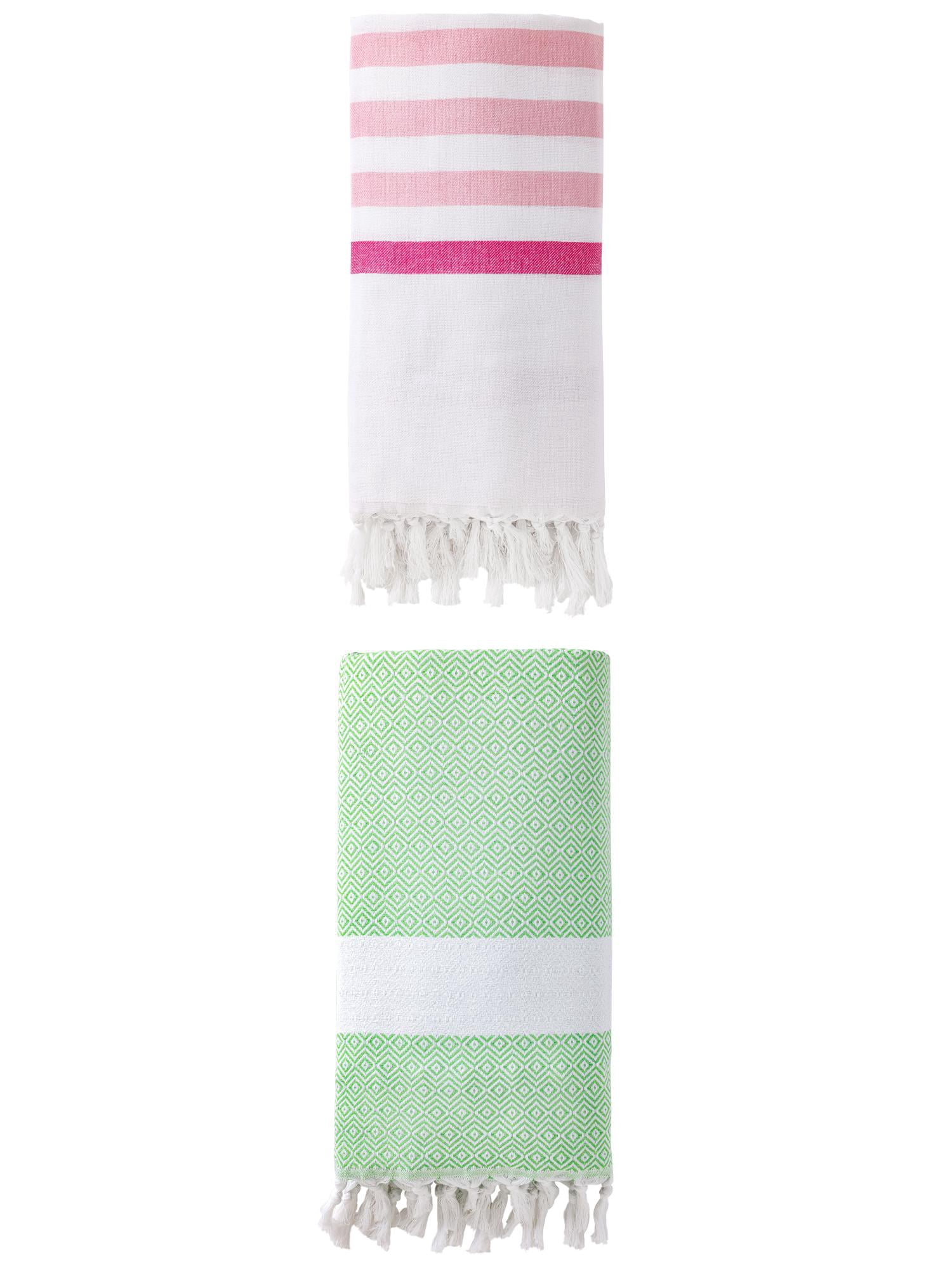 Unique Bargains 2 Pack Turkish Striped Tassel Trim Beach Towels Pink/Green 71"x40"