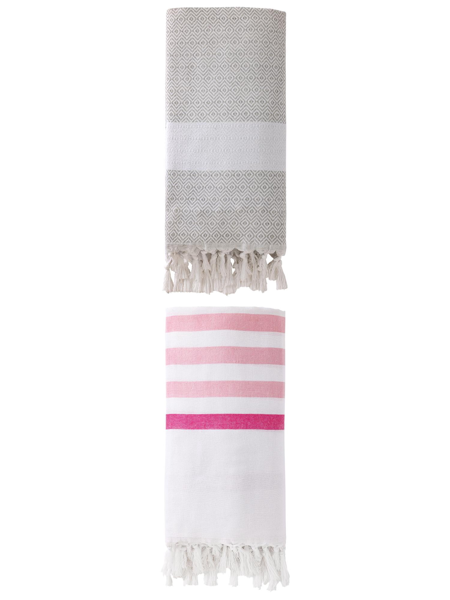 Unique Bargains 2 Pack Turkish Striped Tassel Trim Beach Towels Pink/Grey 71"x40"