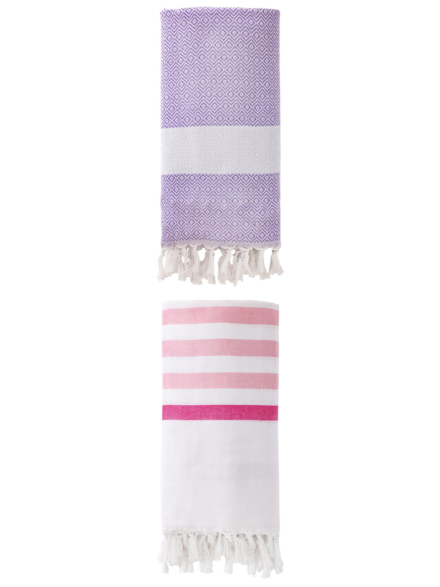Unique Bargains 2 Pack Turkish Striped Tassel Trim Beach Towels Pink/Light Purple 71"x40"