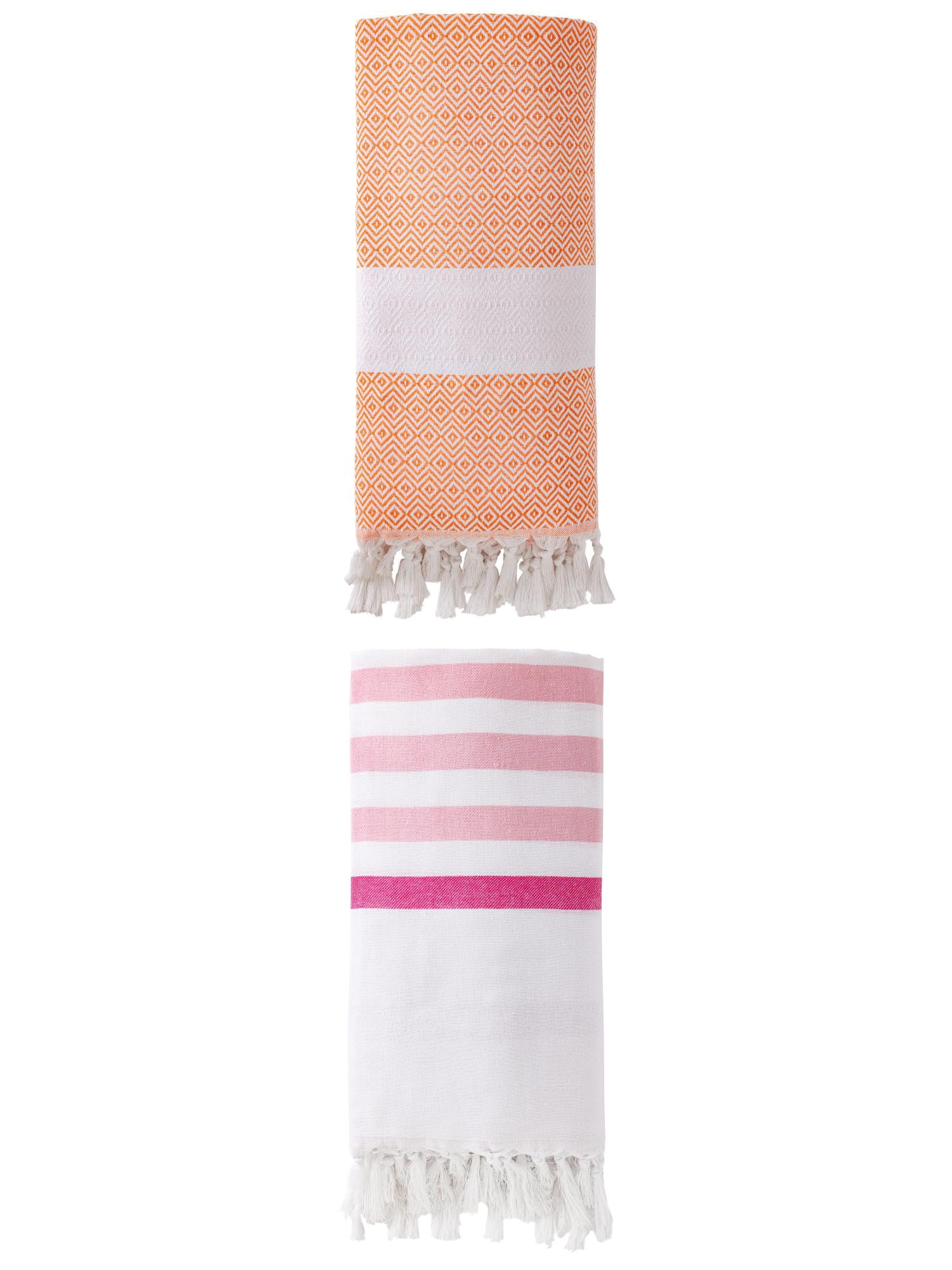 Unique Bargains 2 Pack Turkish Striped Tassel Trim Beach Towels Pink/Orange 71"x40"