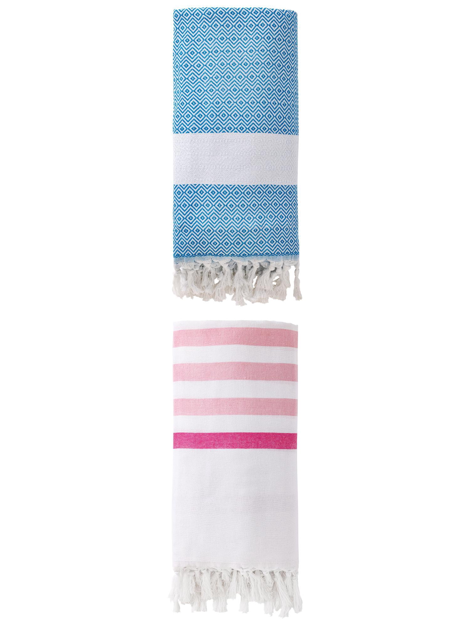 Unique Bargains 2 Pack Turkish Striped Tassel Trim Beach Towels Pink/Sky Blue 71"x40"