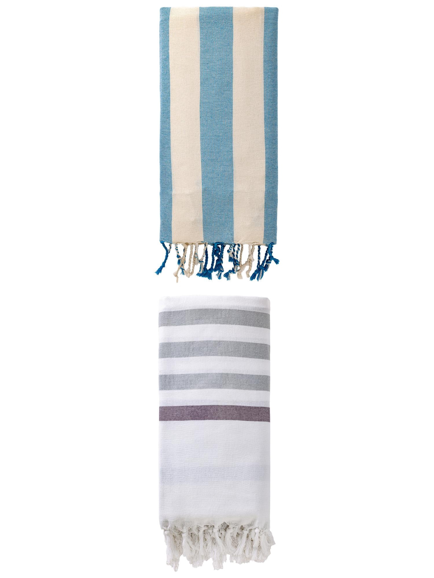 Unique Bargains 2 Pack Turkish Style Striped Fringe Trim Beach Towel Blue 71"x40"