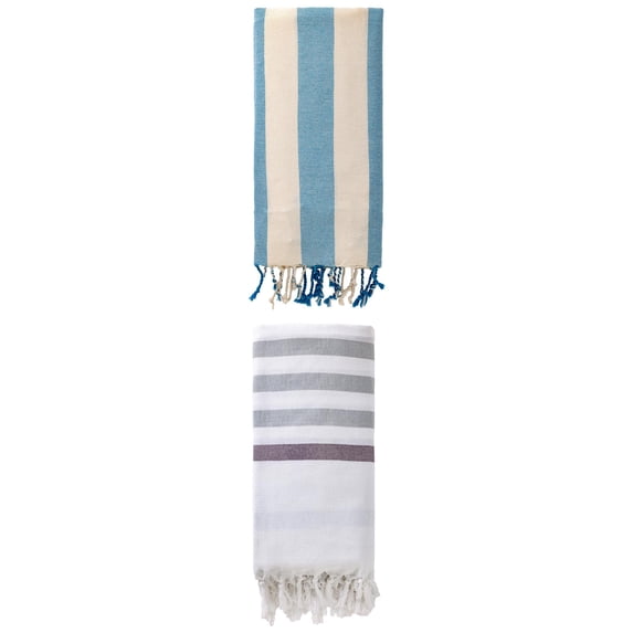 Unique Bargains 2 Pack Turkish Style Striped Fringe Trim Beach Towel Blue 71"x40"