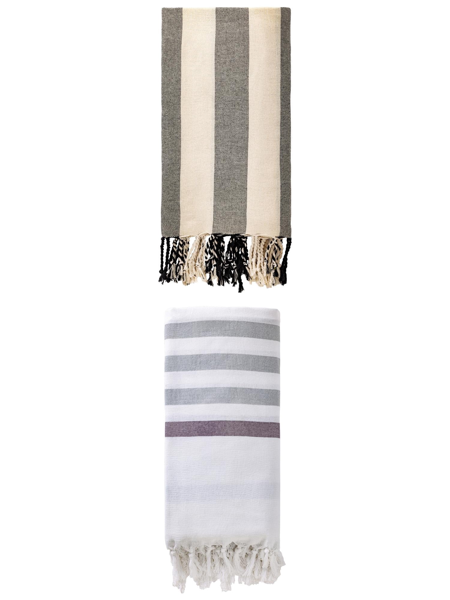 Unique Bargains 2 Pack Turkish Style Striped Fringe Trim Beach Towel Blue/Black 71"x40"
