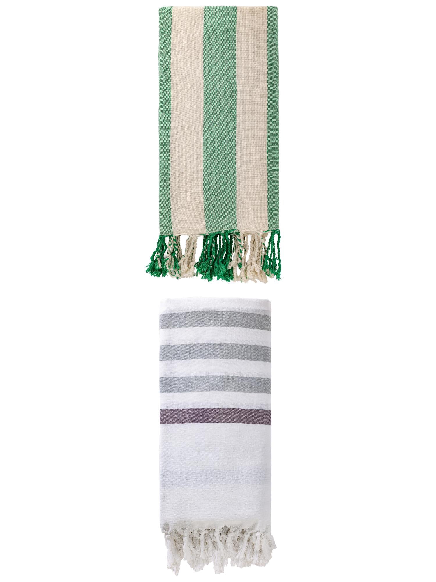 Unique Bargains 2 Pack Turkish Style Striped Fringe Trim Beach Towel Blue/Green 71"x40"