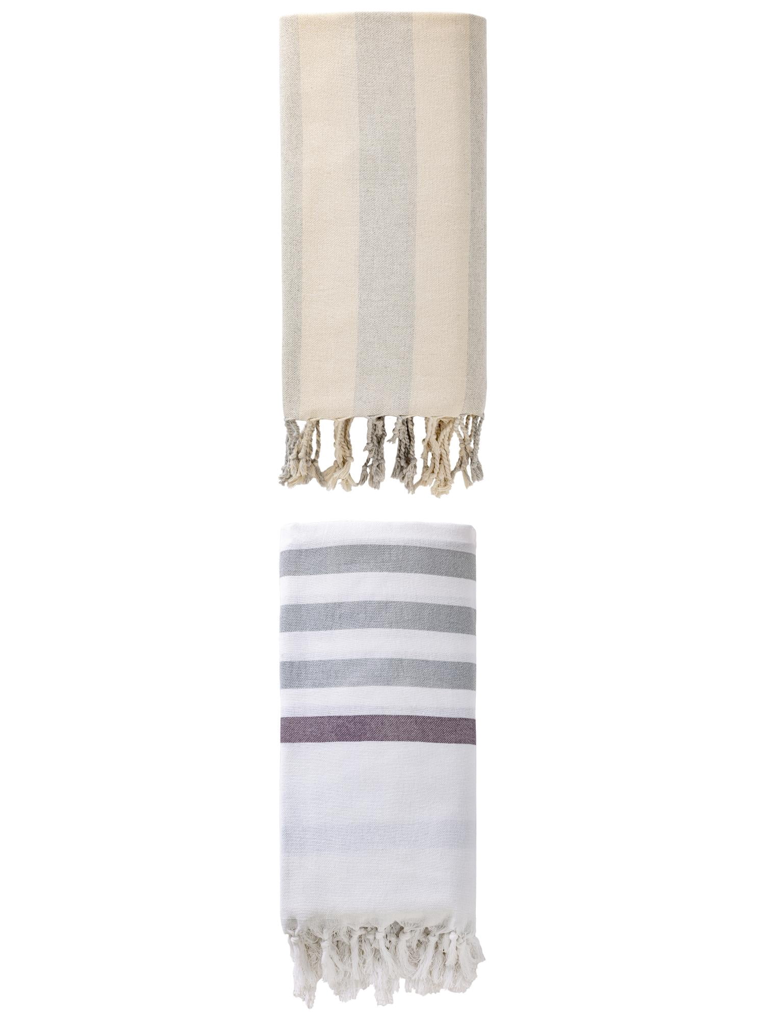 Unique Bargains 2 Pack Turkish Style Striped Fringe Trim Beach Towel Blue/Grey 71"x40"
