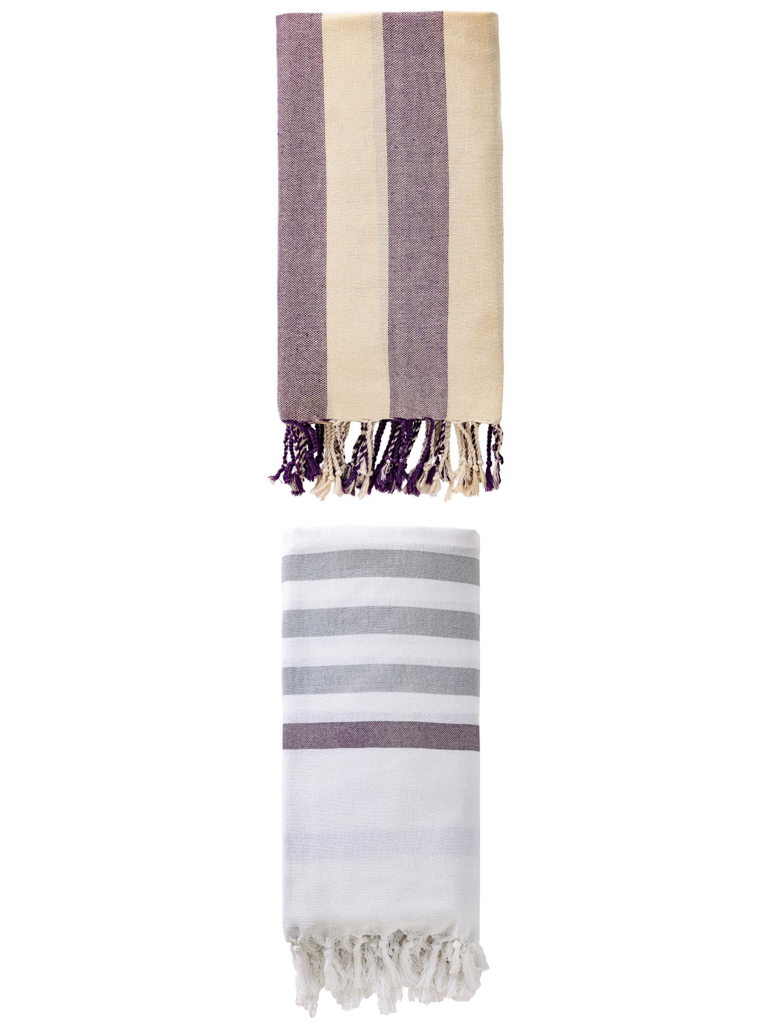 Unique Bargains 2 Pack Turkish Style Striped Fringe Trim Beach Towel Blue/Purple 71"x40"