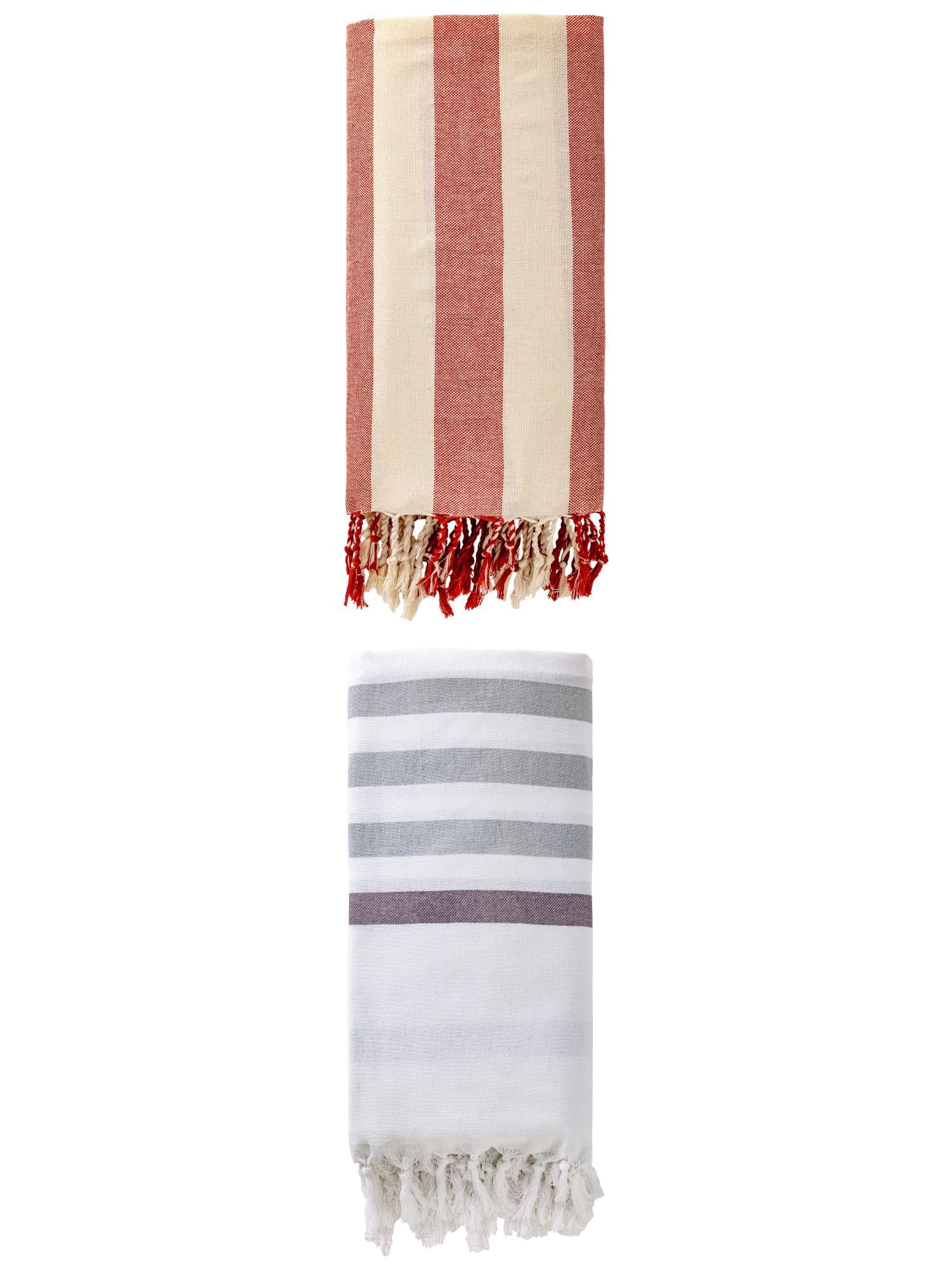 Unique Bargains 2 Pack Turkish Style Striped Fringe Trim Beach Towel Blue/Red 71"x40"