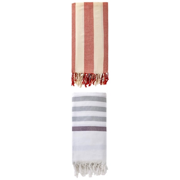 Unique Bargains 2 Pack Turkish Style Striped Fringe Trim Beach Towel Blue/Red 71"x40"