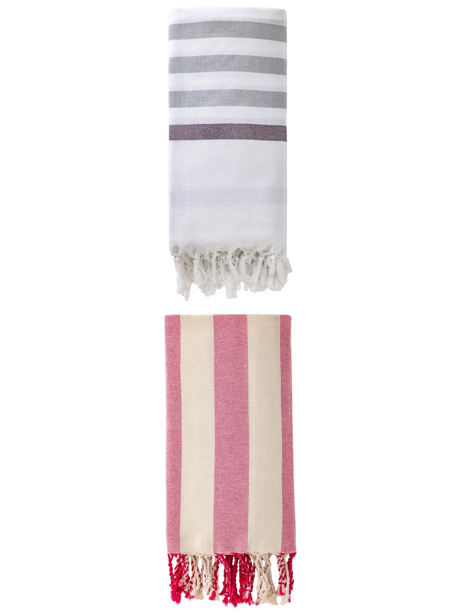 Unique Bargains 2 Pack Turkish Style Striped Fringe Trim Beach Towel Blue/Rose Red 71"x40"