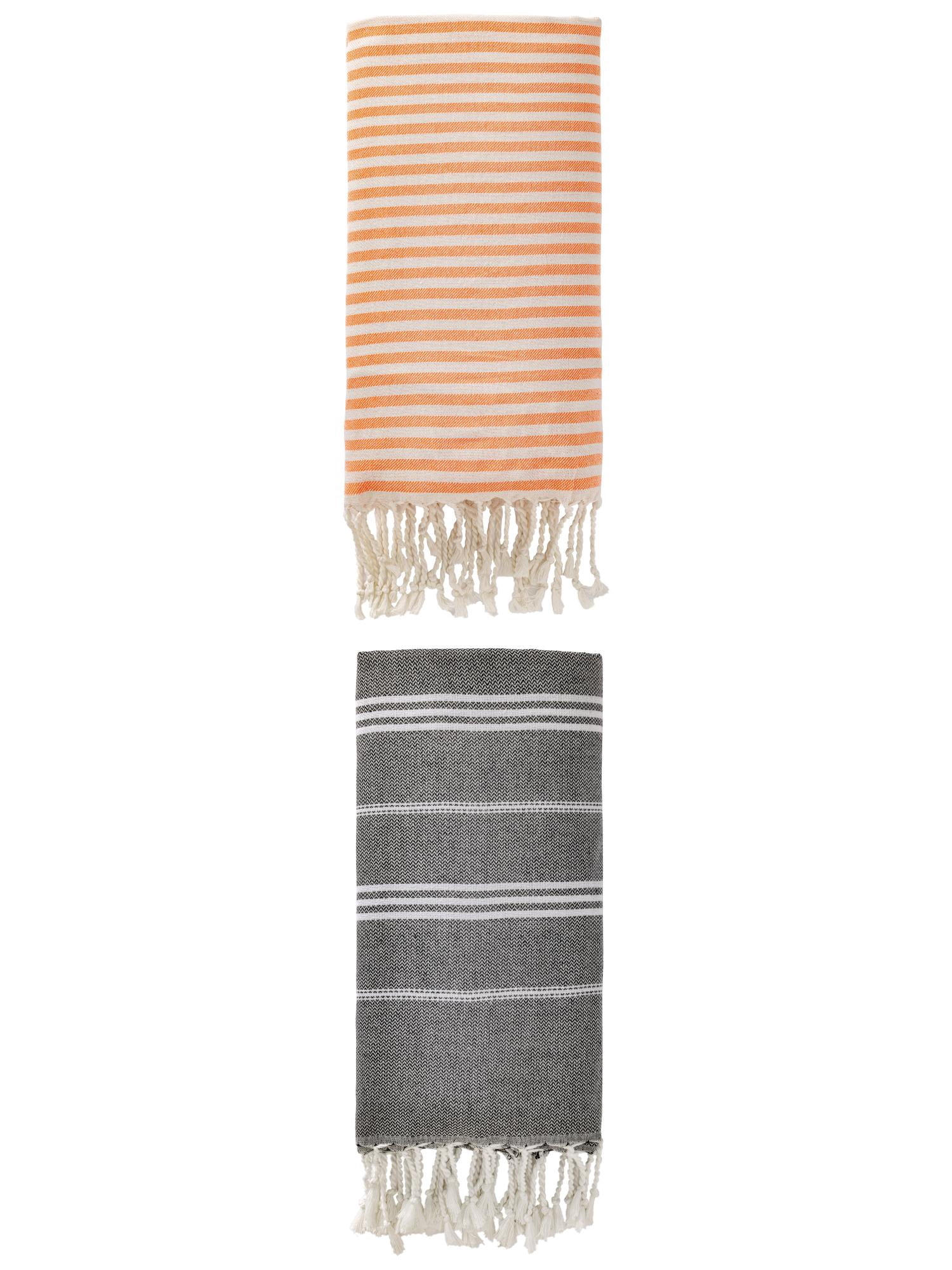 Unique Bargains 2 Pack Turkish Woven Sand-Repellent Towels Orange/Black 71"x40"/71"x35"