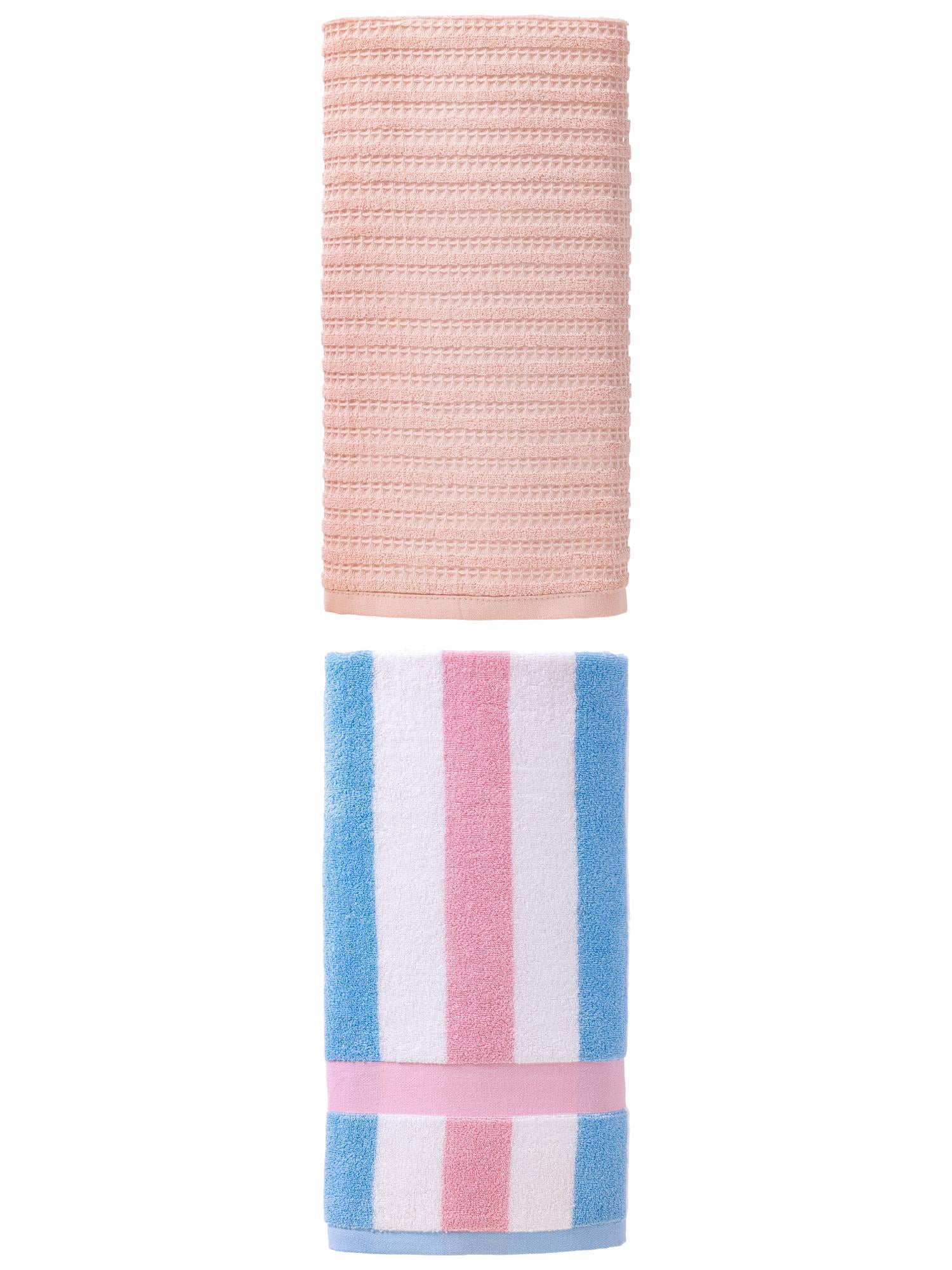 Unique Bargains 2 Pack Waffle Weave Bath Towels Pink/Striped Pink Blue 55"x28"/55"x28"