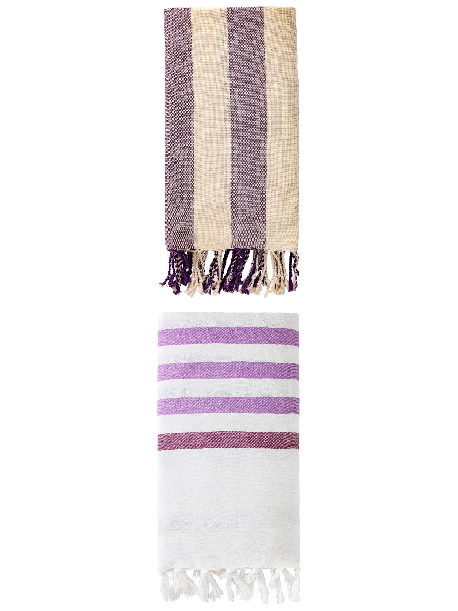 Unique Bargains 2 Pack Woven Turkish Striped Pattern Tassel Towels Purple 71"x40"