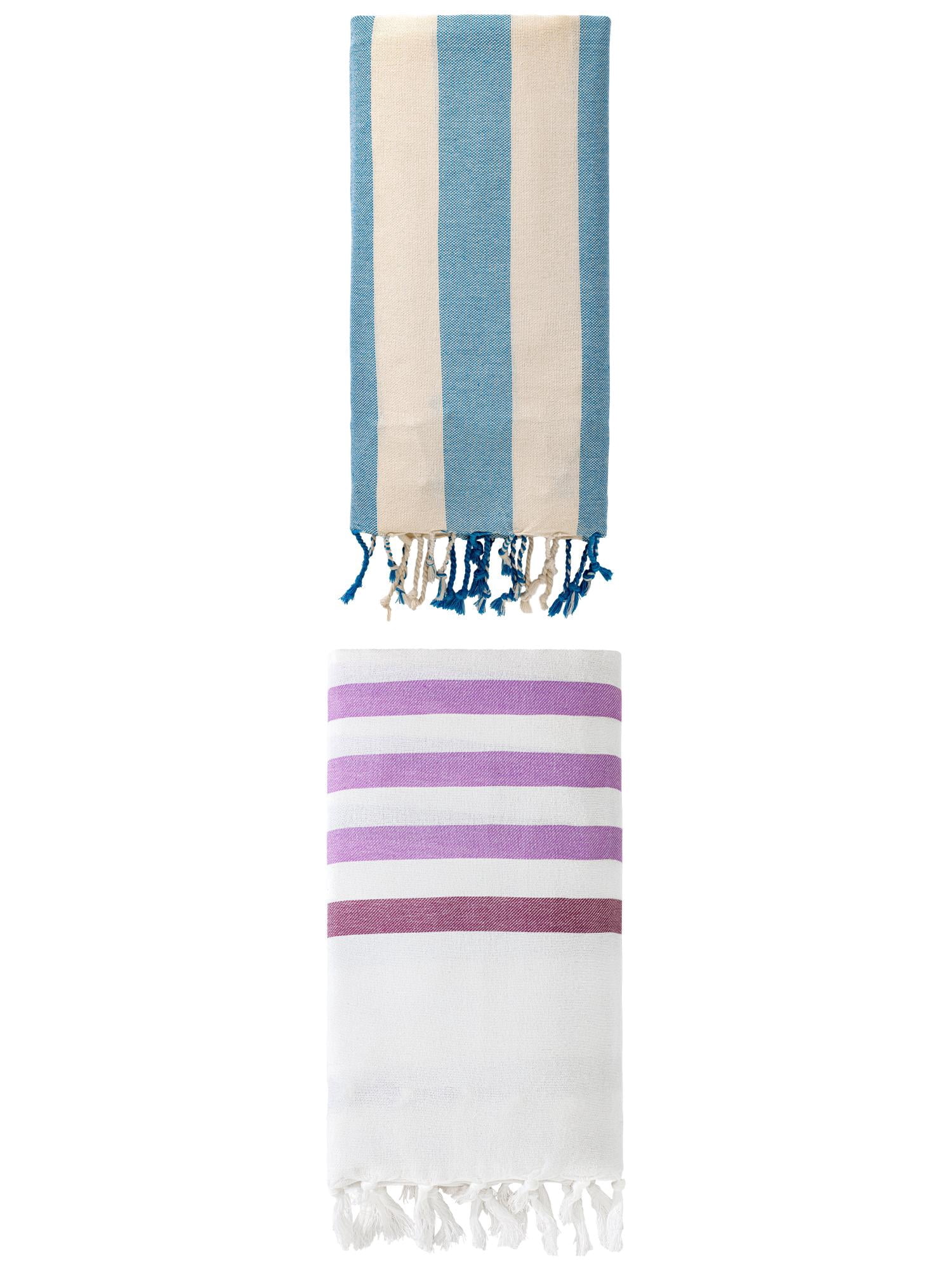 Unique Bargains 2 Pack Woven Turkish Striped Pattern Tassel Towels Purple/Blue 71"x40"