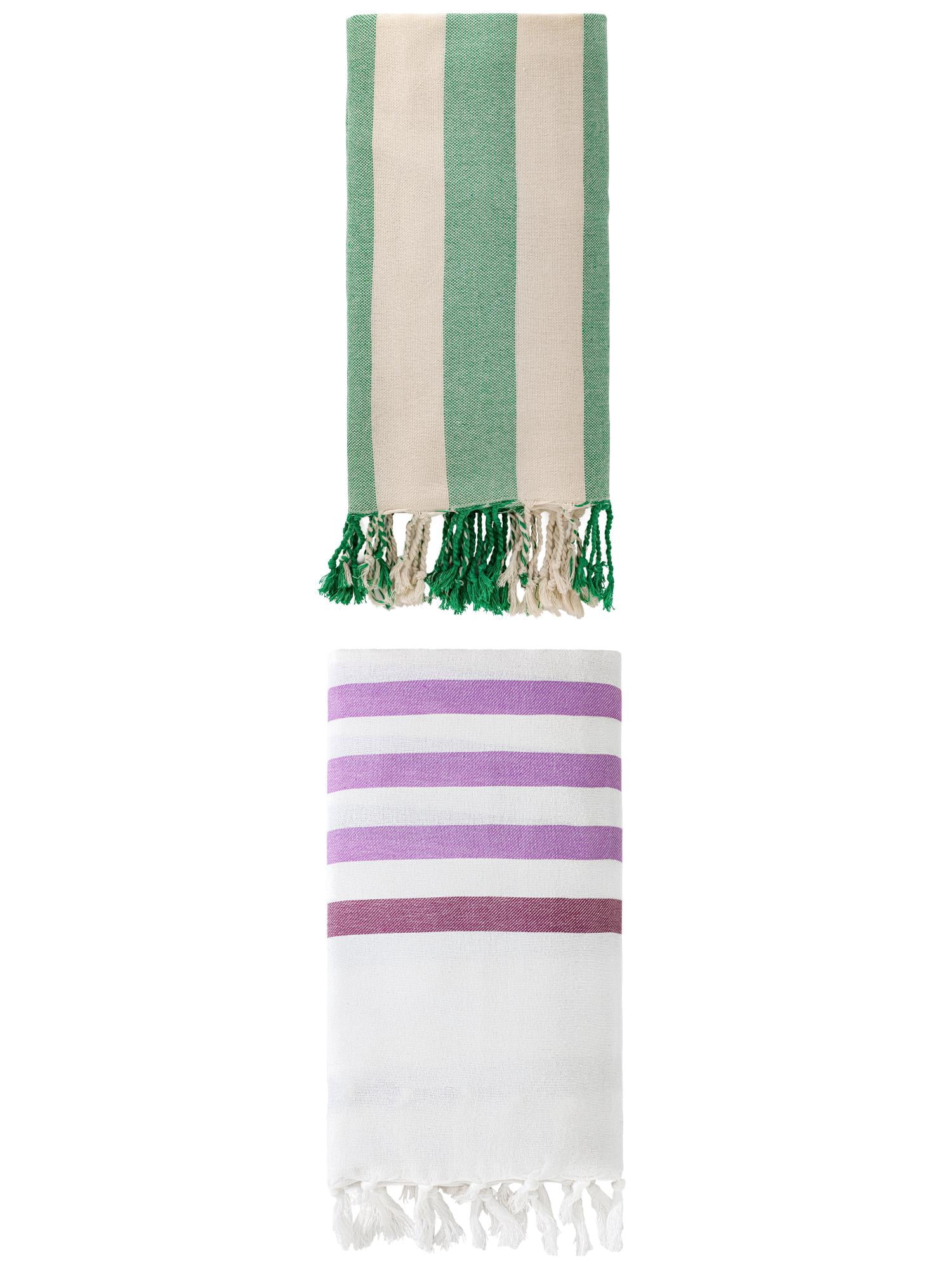 Unique Bargains 2 Pack Woven Turkish Striped Pattern Tassel Towels Purple/Green 71"x40"