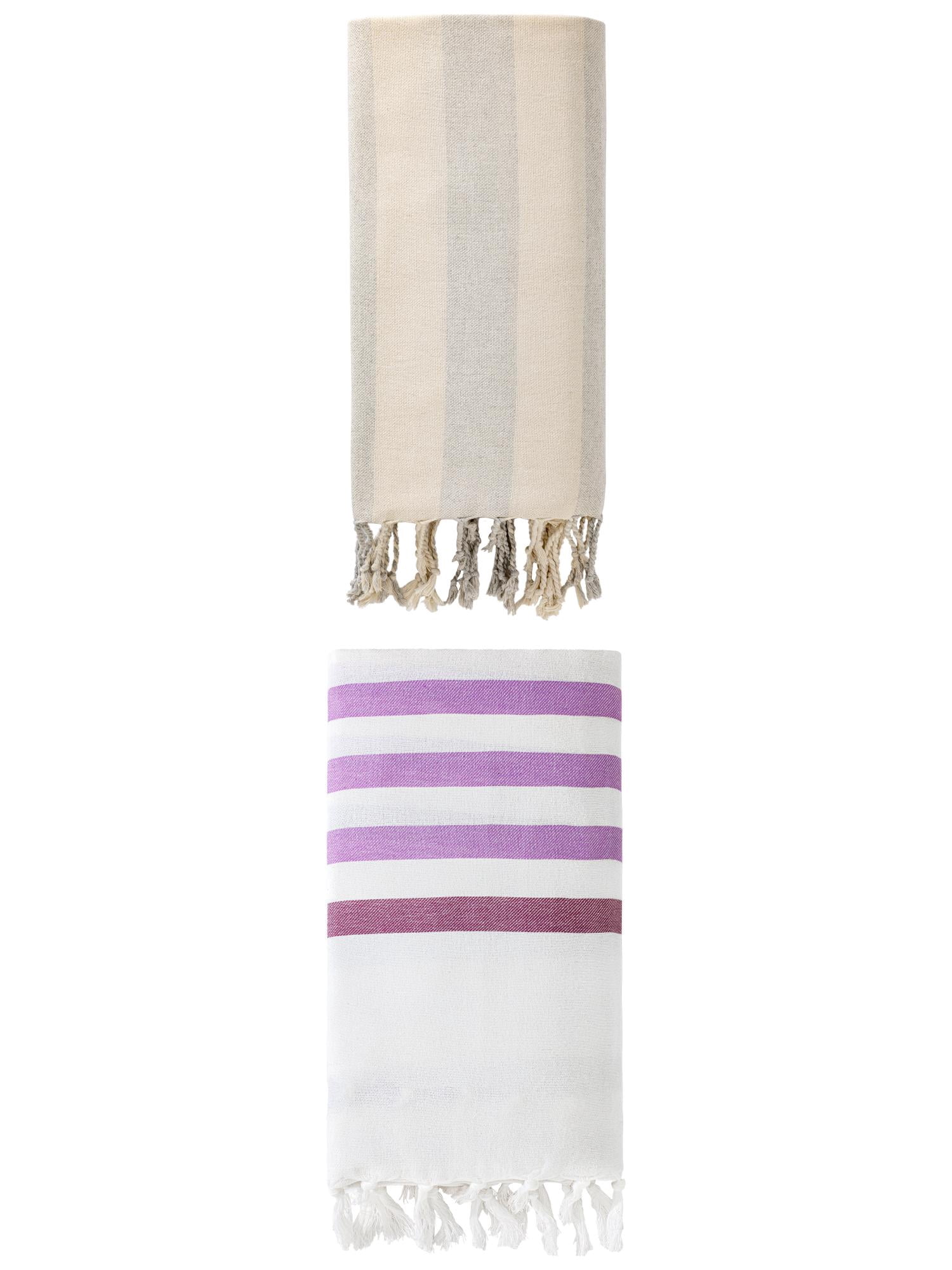 Unique Bargains 2 Pack Woven Turkish Striped Pattern Tassel Towels Purple/Grey 71"x40"
