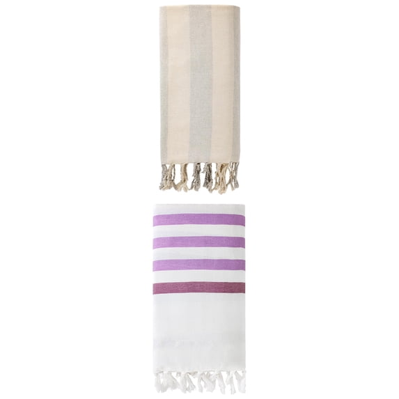 Unique Bargains 2 Pack Woven Turkish Striped Pattern Tassel Towels Purple/Grey 71"x40"