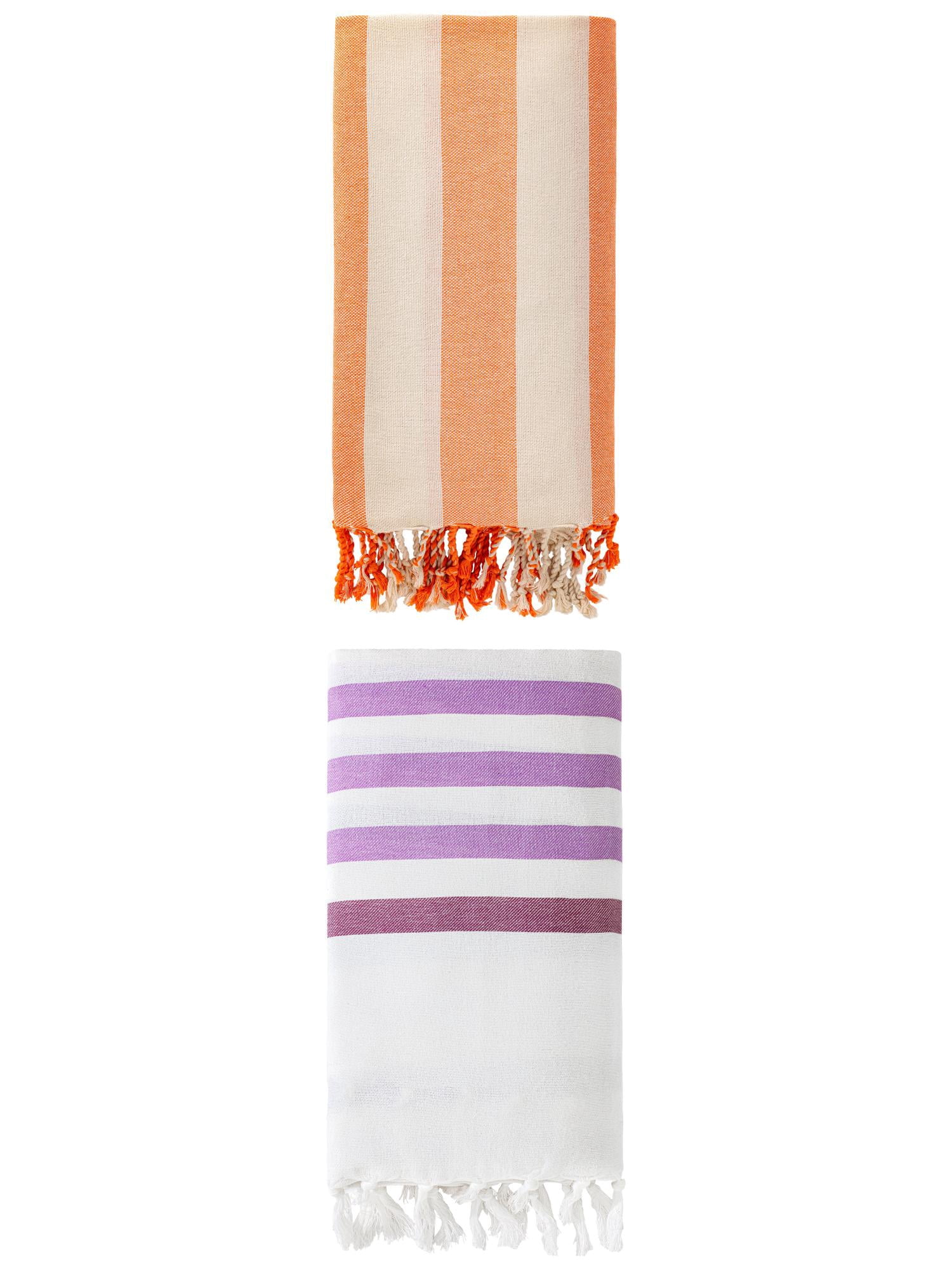 Unique Bargains 2 Pack Woven Turkish Striped Pattern Tassel Towels Purple/Orange 71"x40"