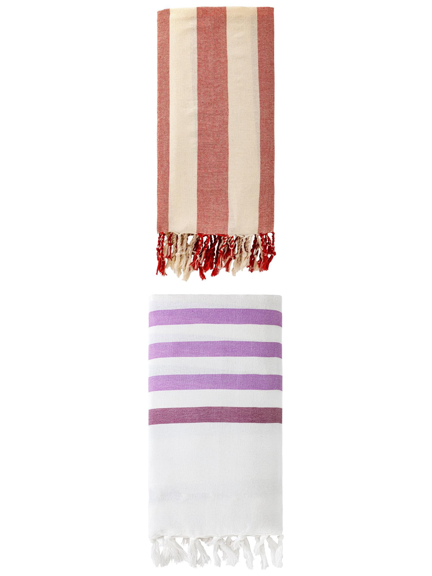 Unique Bargains 2 Pack Woven Turkish Striped Pattern Tassel Towels Purple/Red 71"x40"